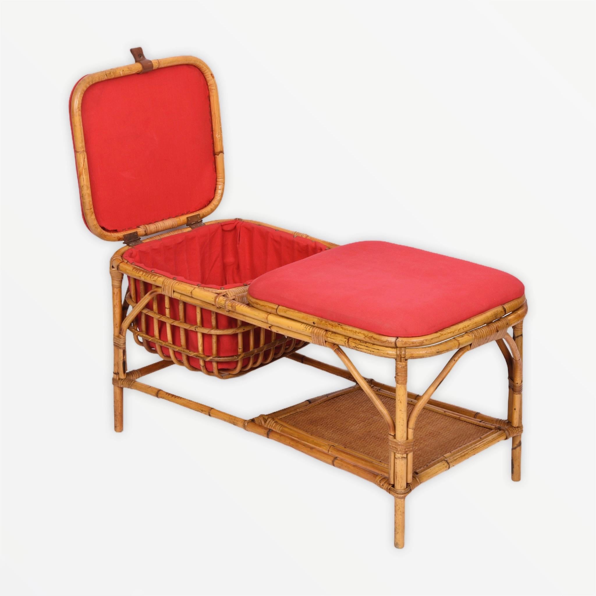 Amazing midcentury bamboo and rattan bench with box case. This fantastic item was produced in Italy during 1950s.

This small bench is quite unique as it has red cushion seats, a solid two levels bamboo structure and a fantastic bamboo box case