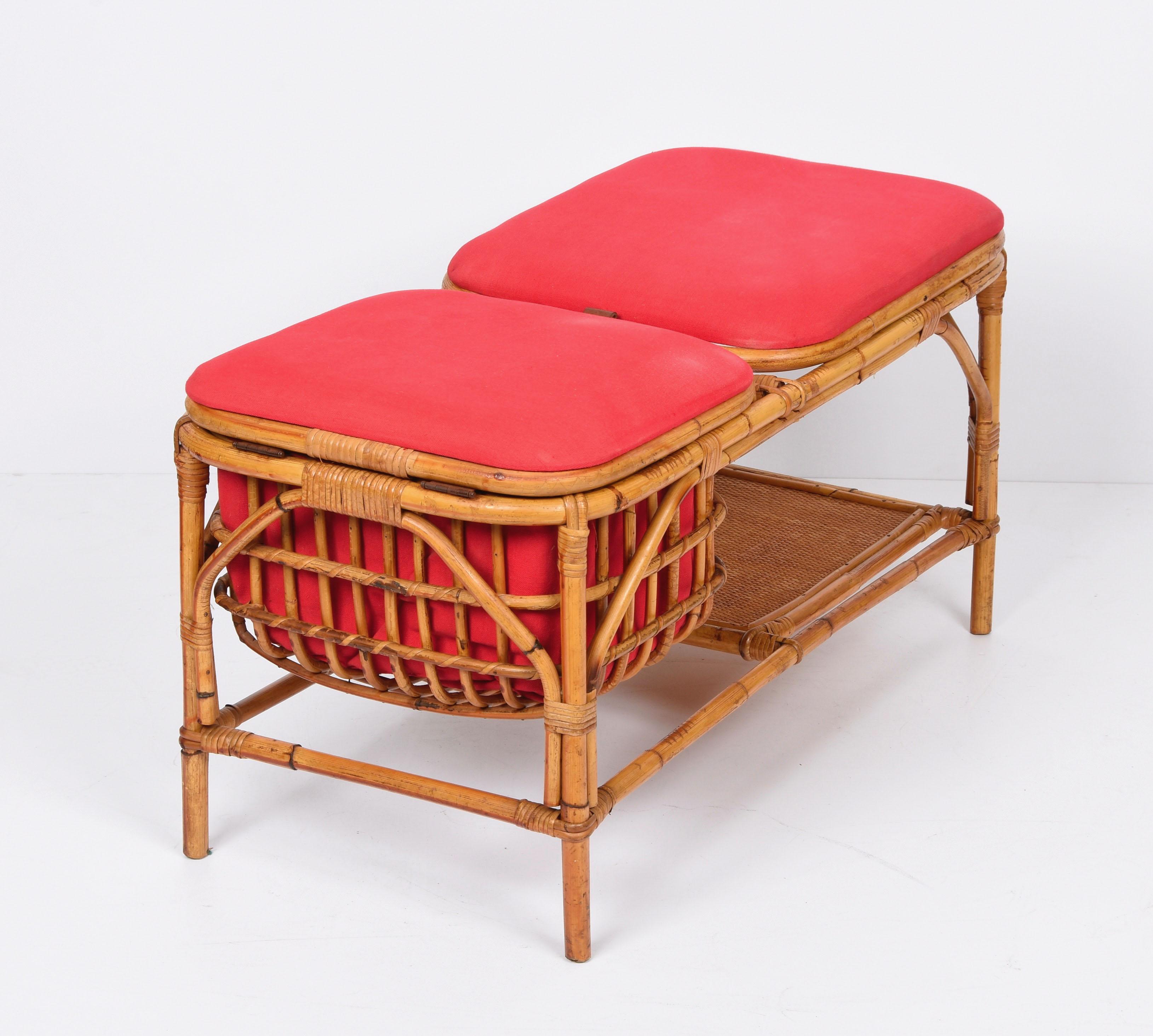 Mid-Century Modern Midcentury Bamboo and Rattan Italian Bench with Box Case, 1950s For Sale