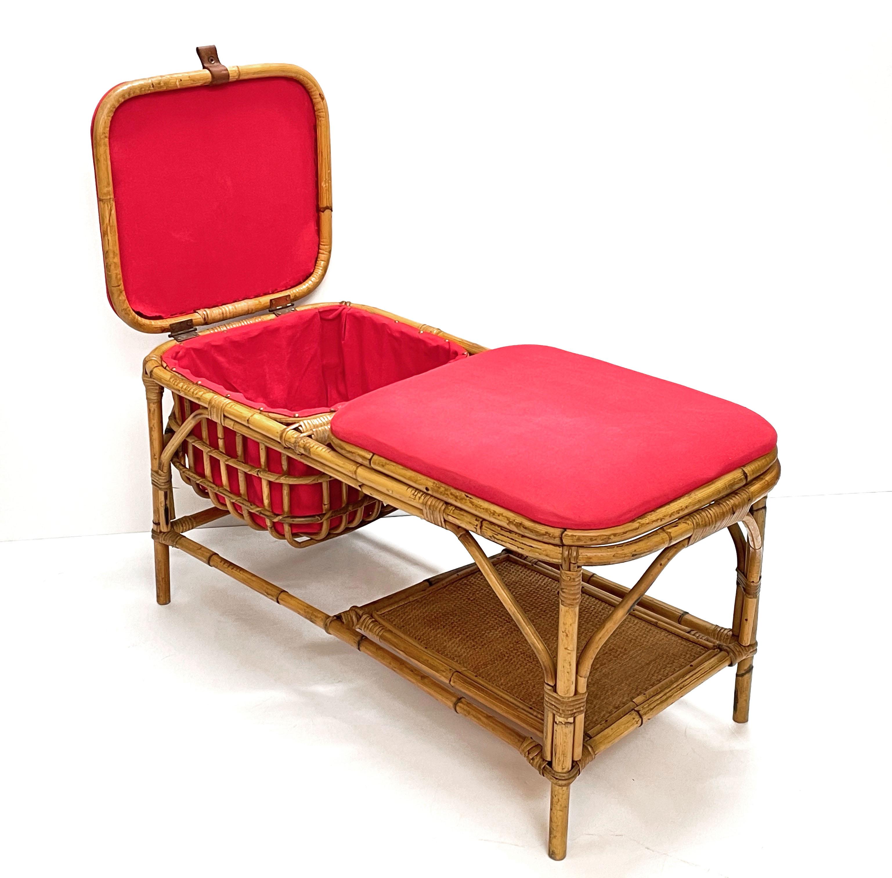 20th Century Midcentury Bamboo and Rattan Italian Bench with Box Case, 1950s For Sale