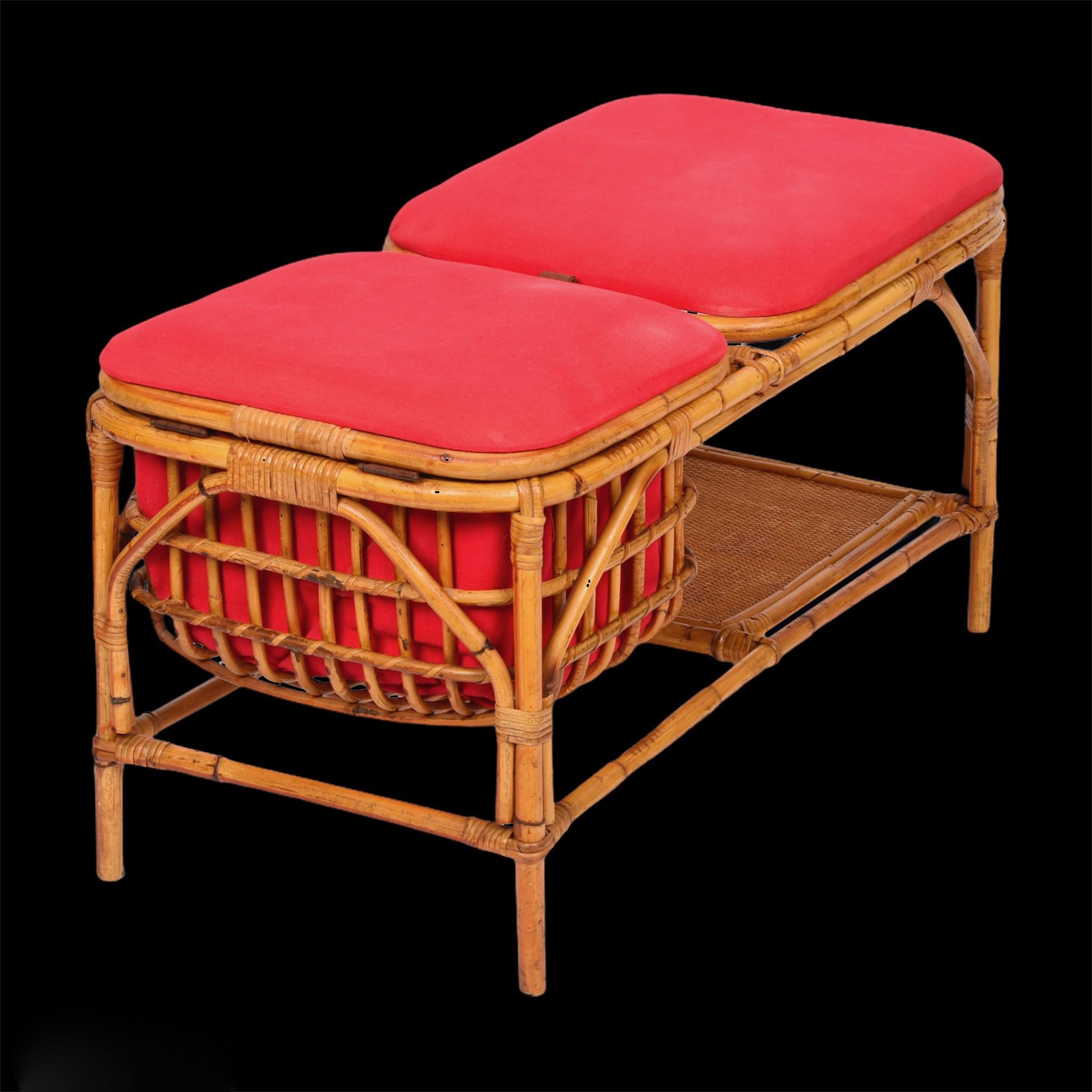 Midcentury Bamboo and Rattan Italian Bench with Box Case, 1950s For Sale 1