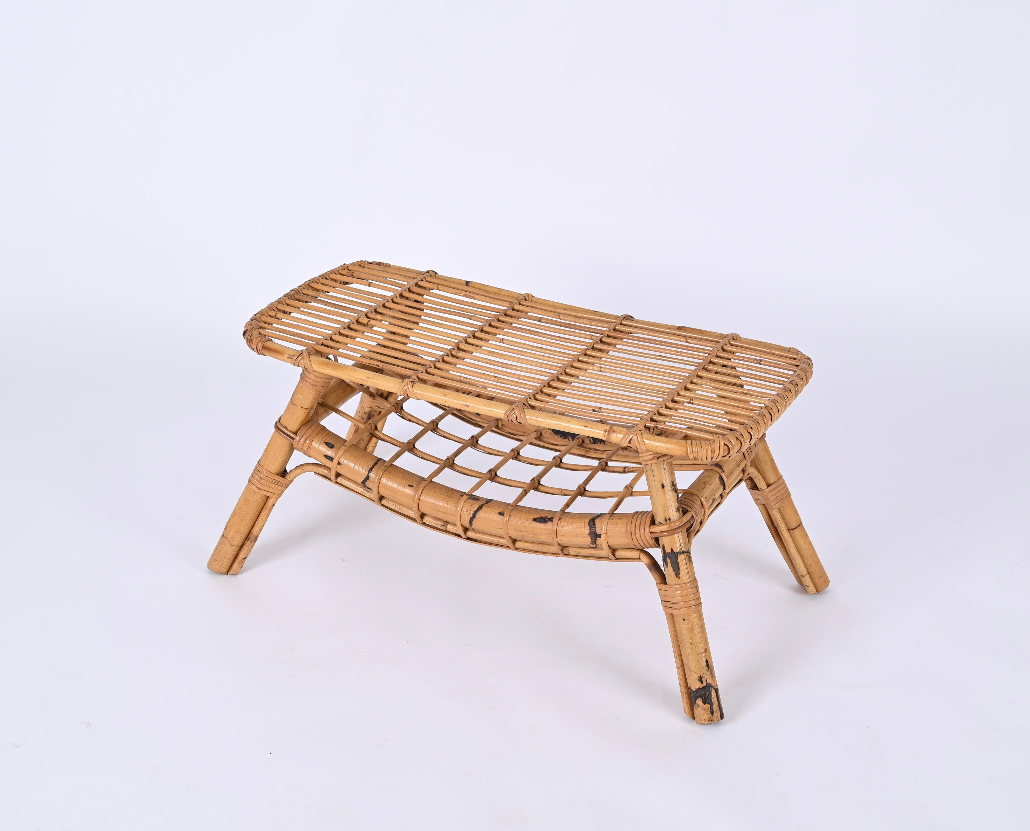 Hand-Woven Midcentury Bamboo and Rattan Italian Coffee Table, Tito Agnoli, 1960s