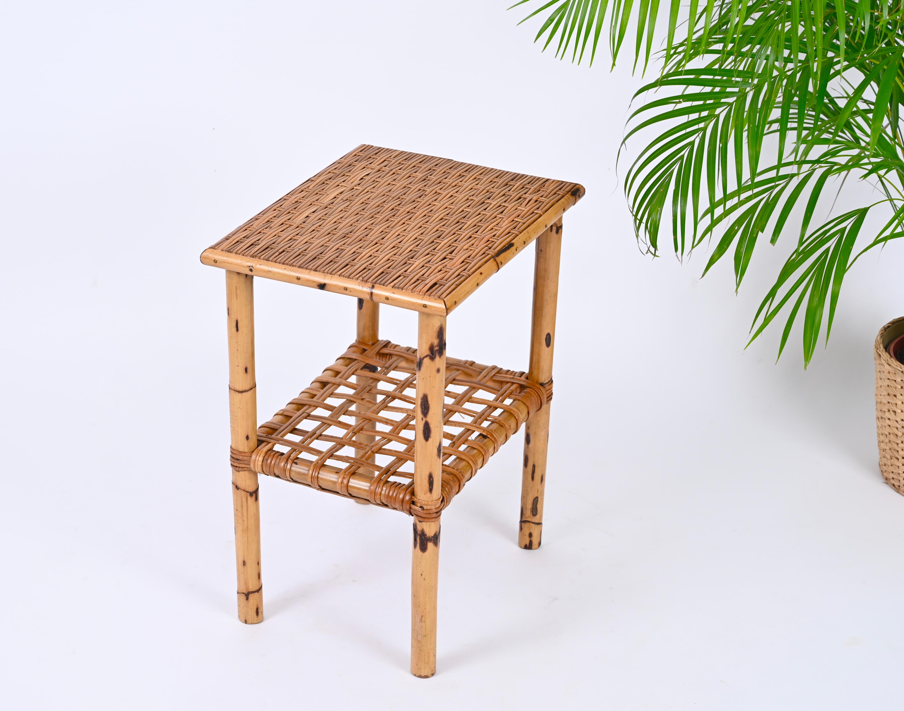 Hand-Woven Midcentury Bamboo and Rattan Italian Coffee Table with Magazine Rack, 1960s For Sale