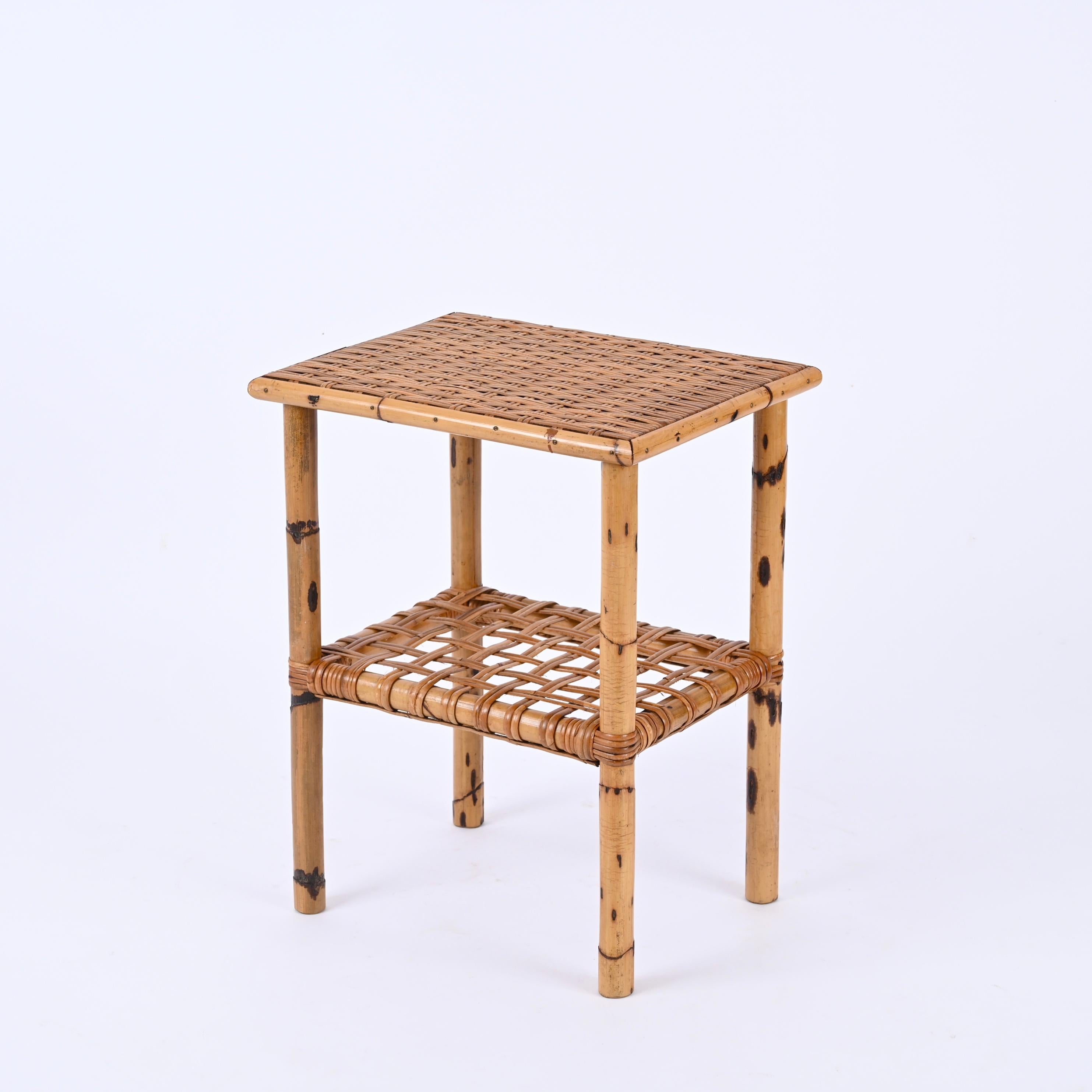 Midcentury Bamboo and Rattan Italian Coffee Table with Magazine Rack, 1960s For Sale 1
