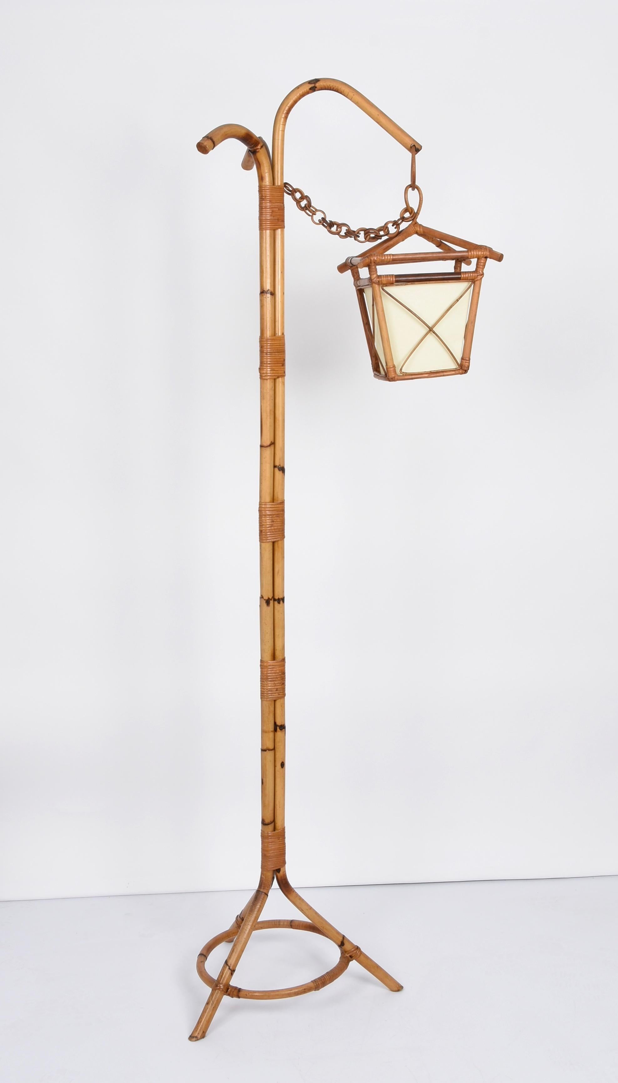 Midcentury Bamboo and Rattan Italian Floor Lamp with Tripod Base, 1950s For Sale 10