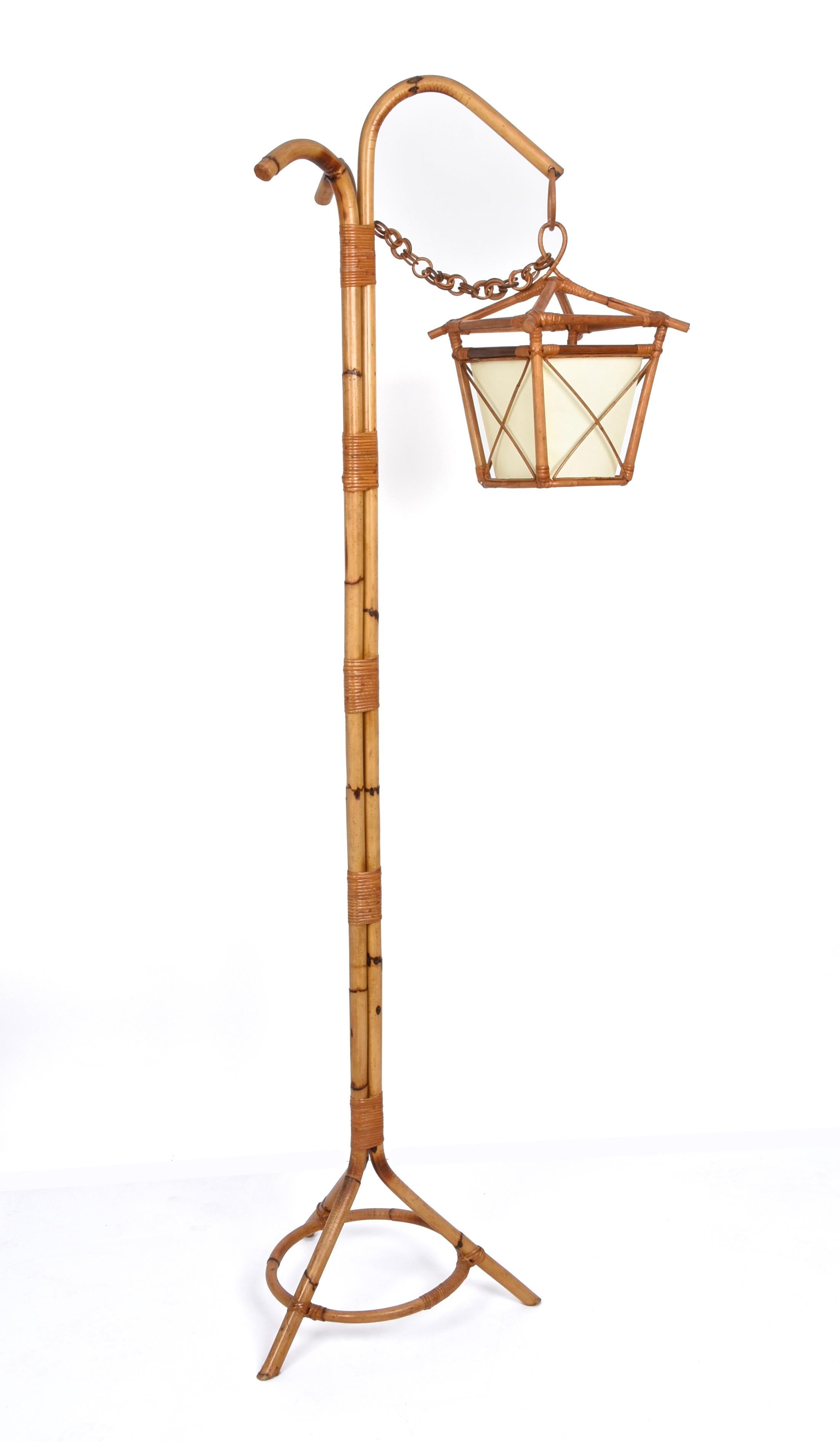 Mid-20th Century Midcentury Bamboo and Rattan Italian Floor Lamp with Tripod Base, 1950s For Sale