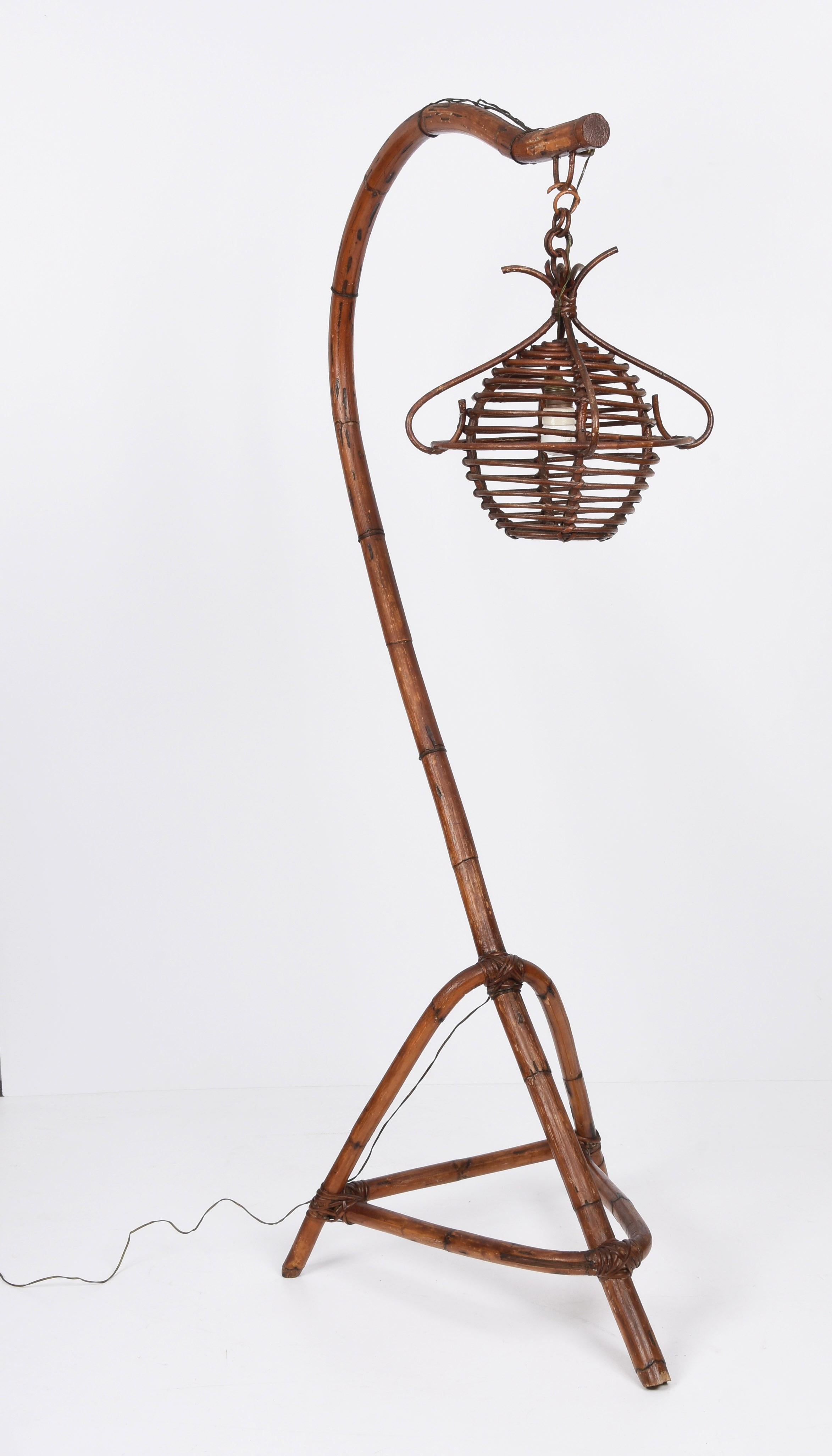 Mid-20th Century Midcentury Bamboo and Rattan Italian Floor Lamp with Tripod Base, 1950s For Sale