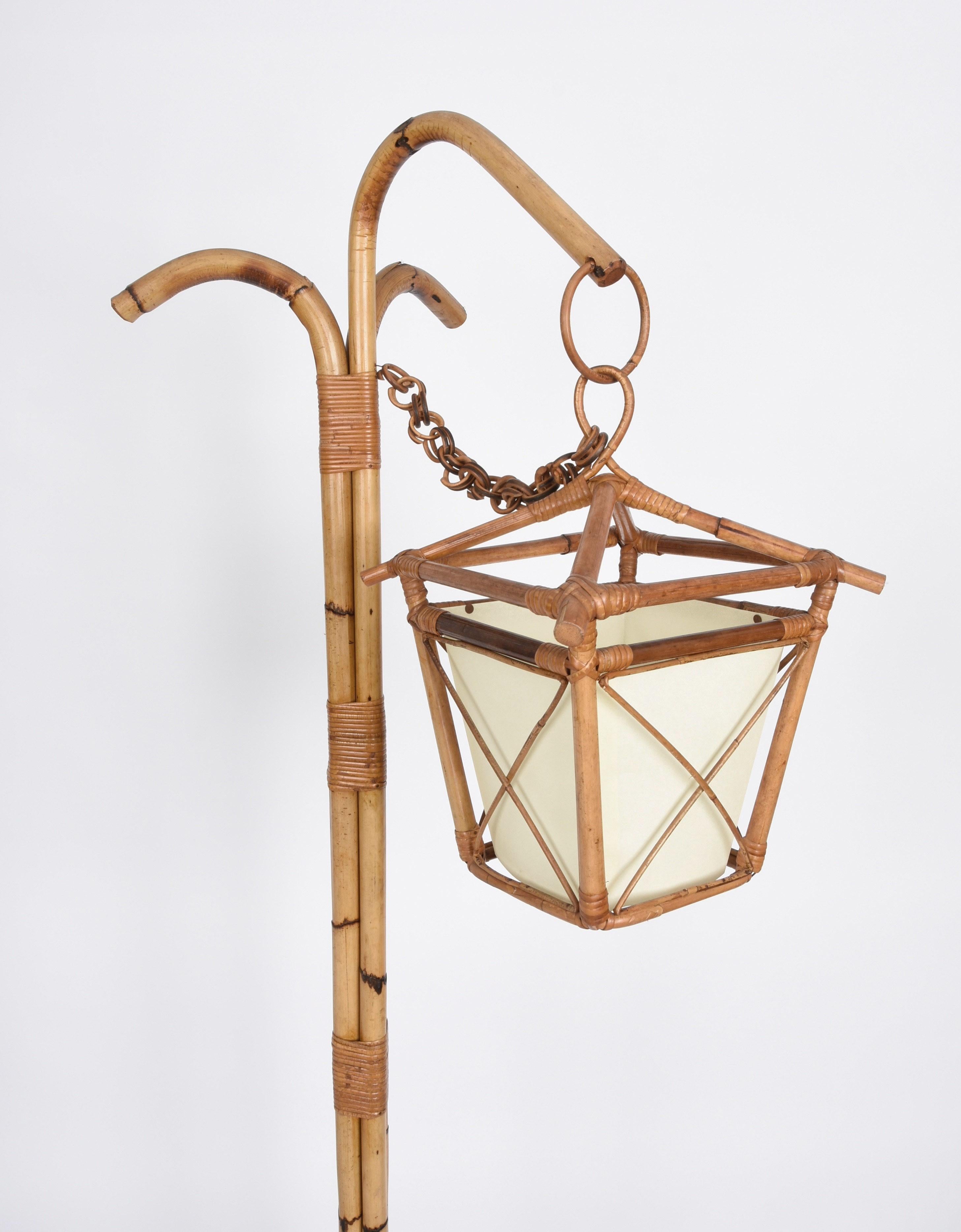 Midcentury Bamboo and Rattan Italian Floor Lamp with Tripod Base, 1950s For Sale 4