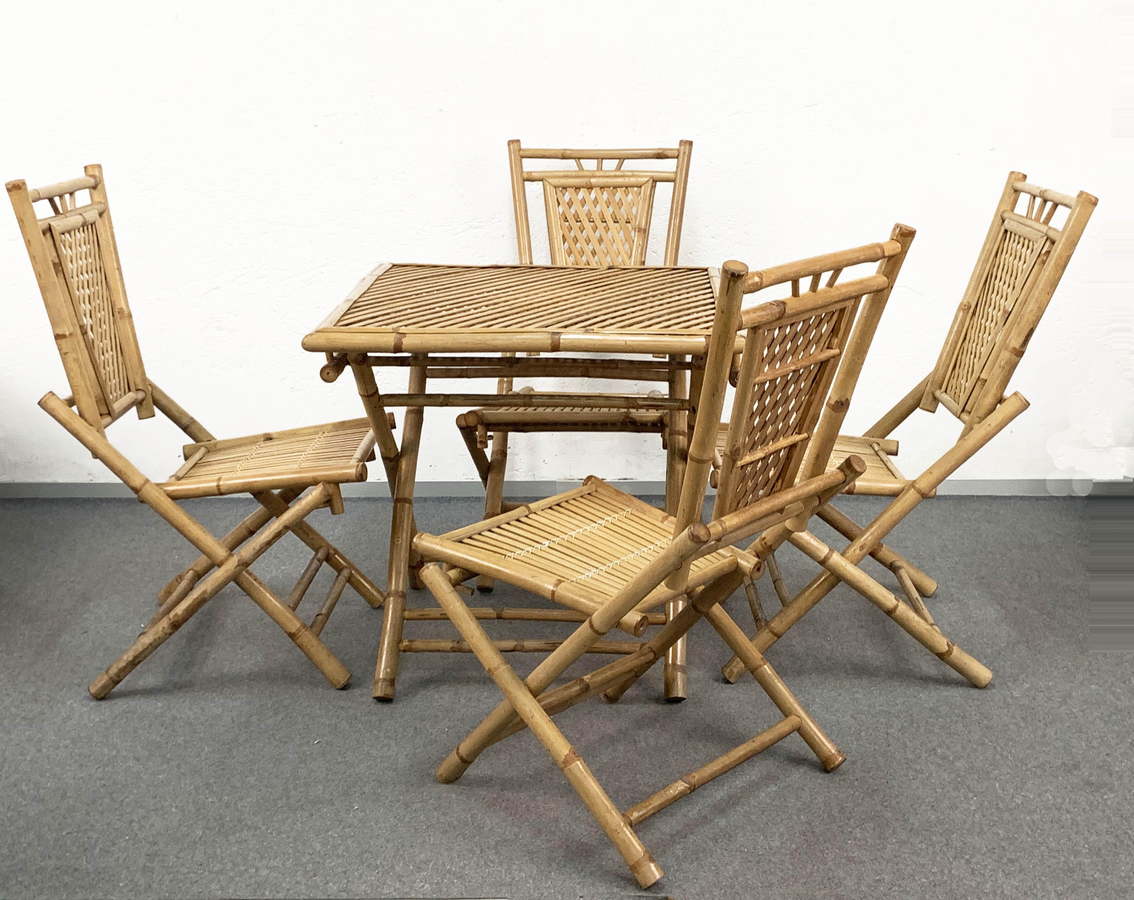 Beautiful midcentury set, made of bamboo and rattan foldable table and four chairs. It is an Italian production of 1960s and the state of conservation is just excellent.

The item is perfect both for inside and outside, and the foldable table