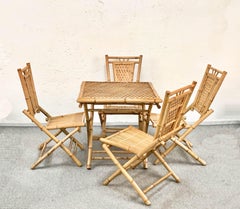 Midcentury Bamboo and Rattan Italian Foldable Table and Four Chairs, 1960s