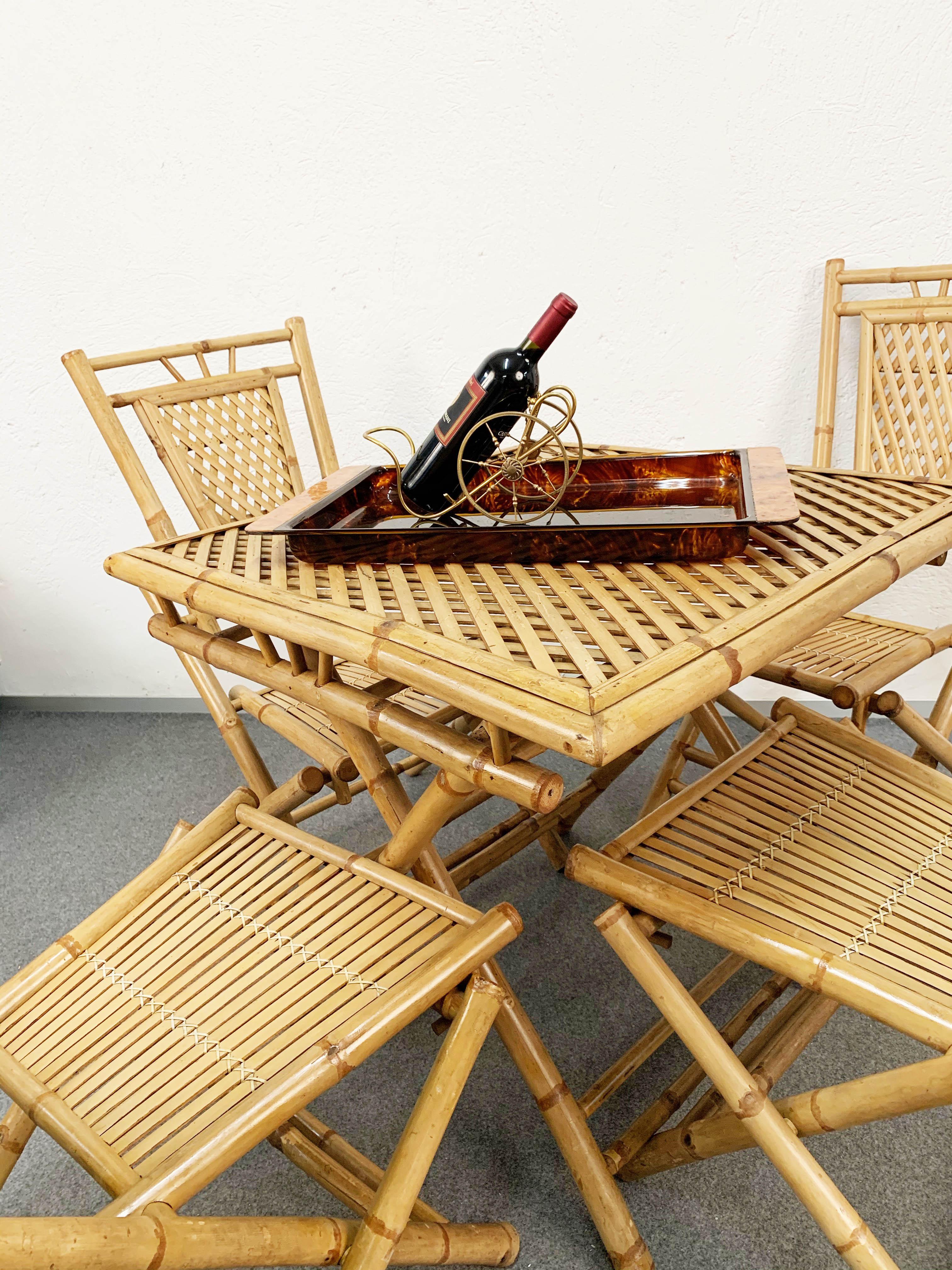 Mid-Century Modern Midcentury Bamboo and Rattan Italian Foldable Table and Four Chairs, 1960s For Sale