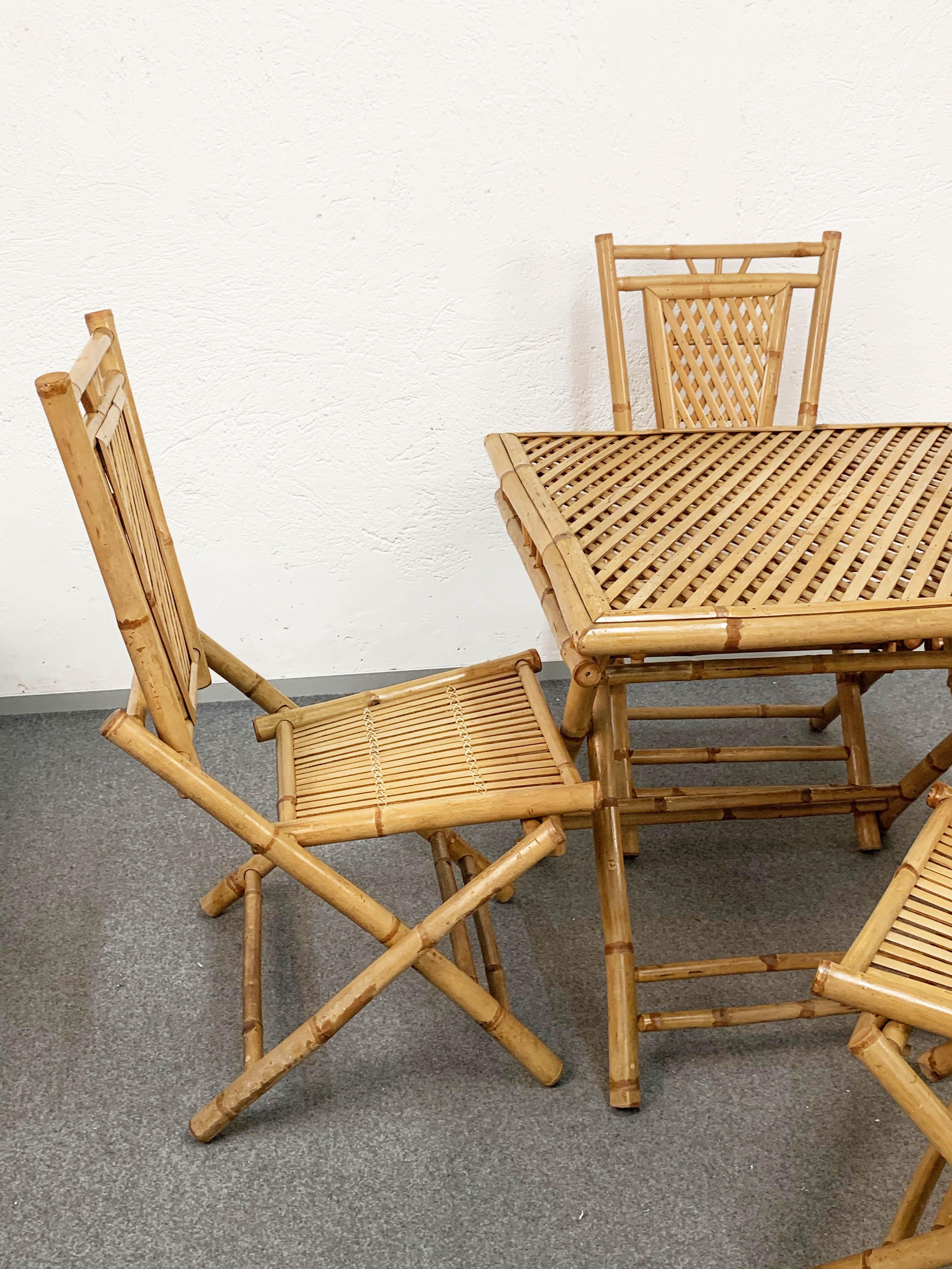 Mid-20th Century Midcentury Bamboo and Rattan Italian Foldable Table and Four Chairs, 1960s For Sale