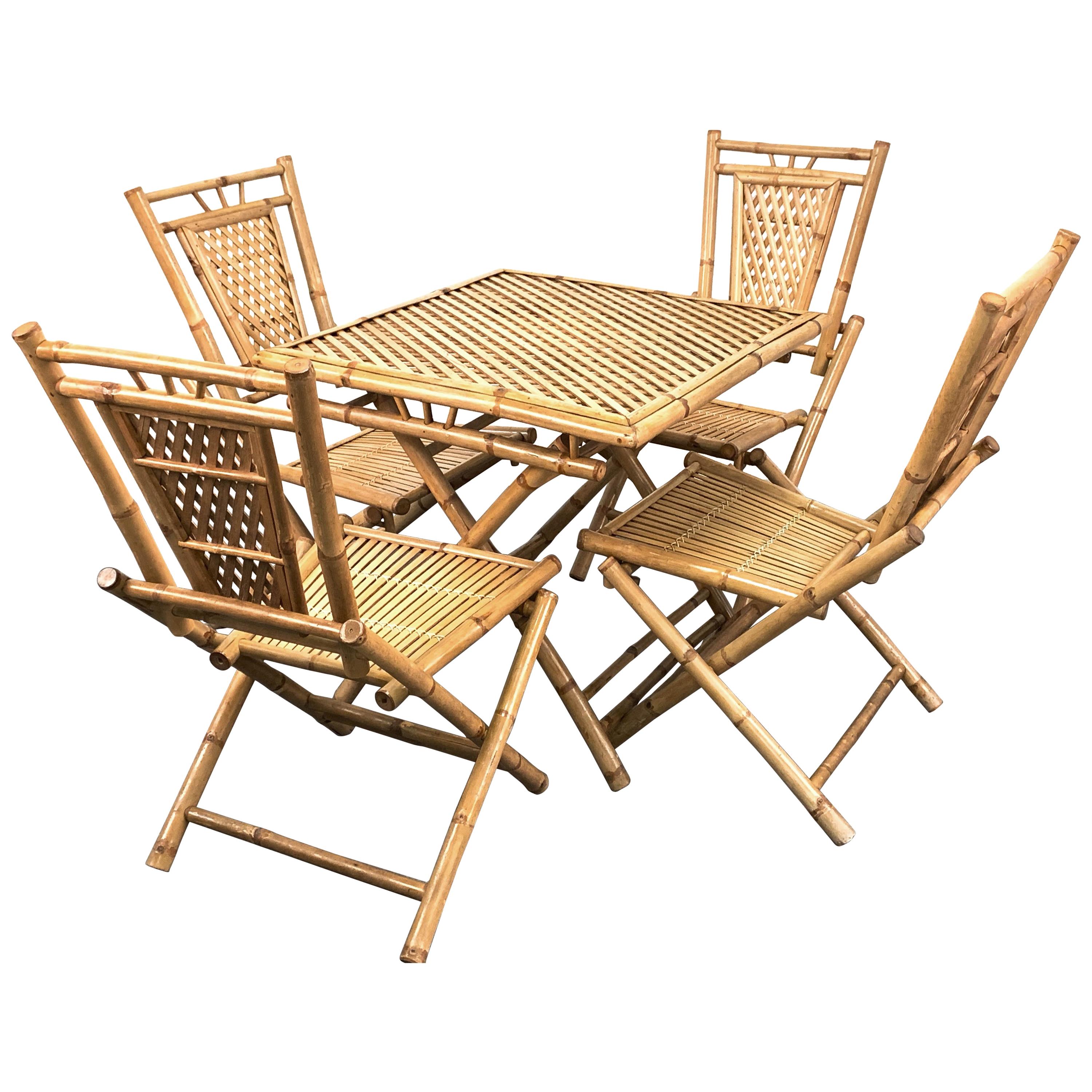 Midcentury Bamboo and Rattan Italian Foldable Table and Four Chairs, 1960s