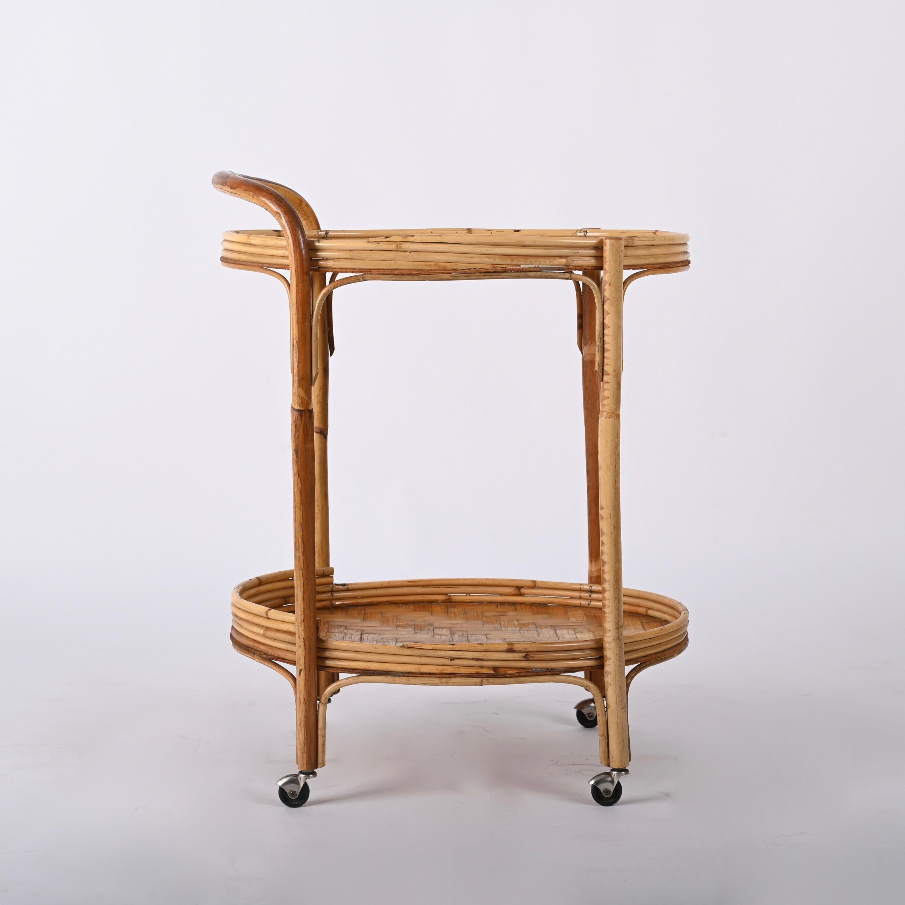 Midcentury Bamboo and Rattan Italian Oval Serving Bar Cart Trolley, 1960s 5