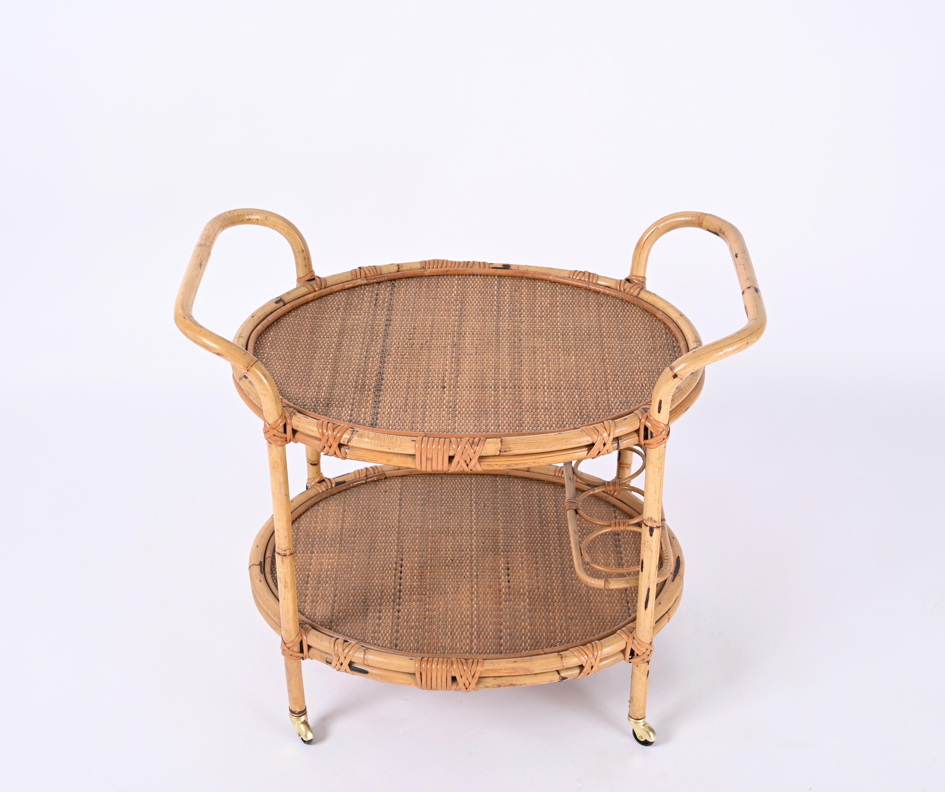 Midcentury Bamboo and Rattan Italian Oval Serving Bar Cart Trolley, 1960s 5