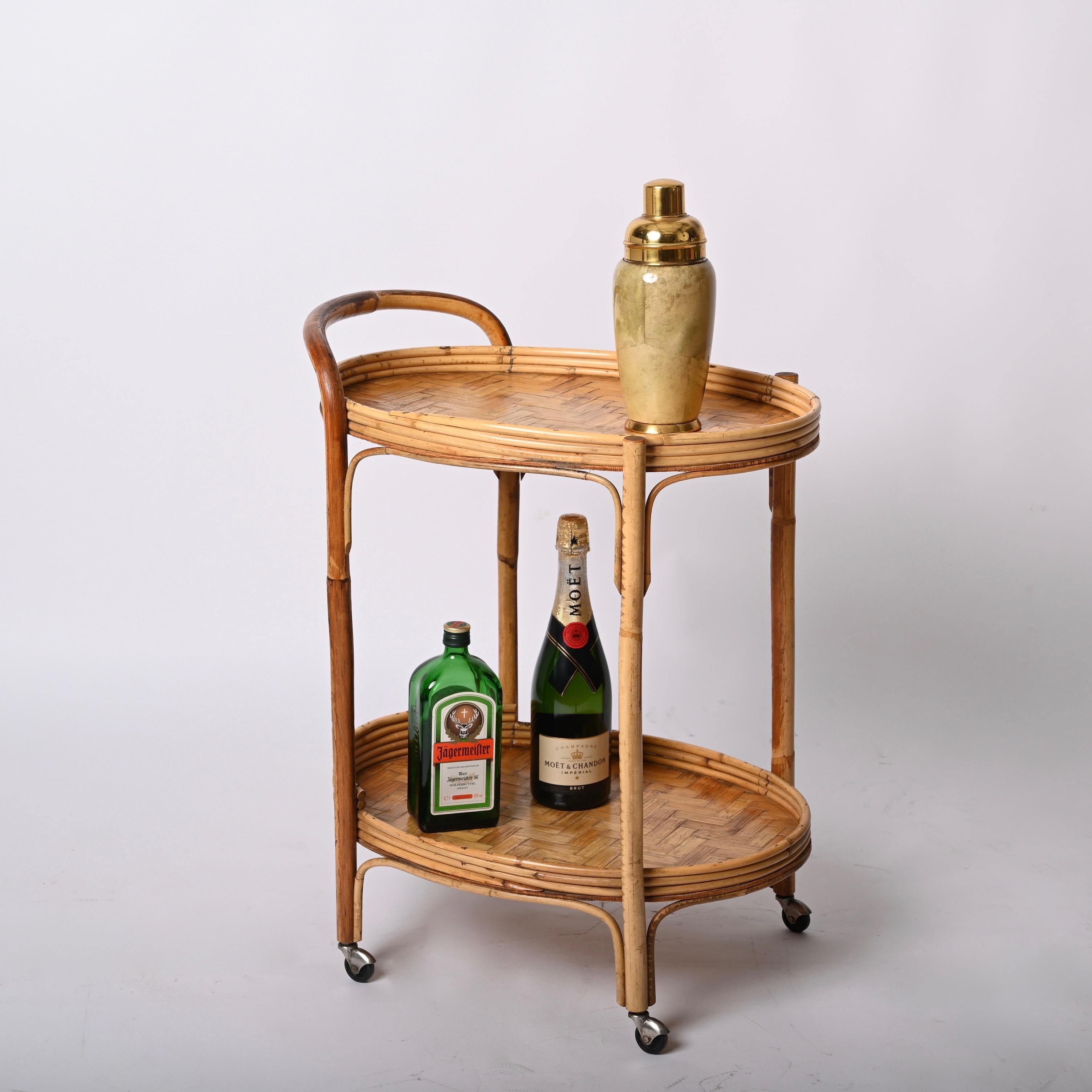Midcentury Bamboo and Rattan Italian Oval Serving Bar Cart Trolley, 1960s 7