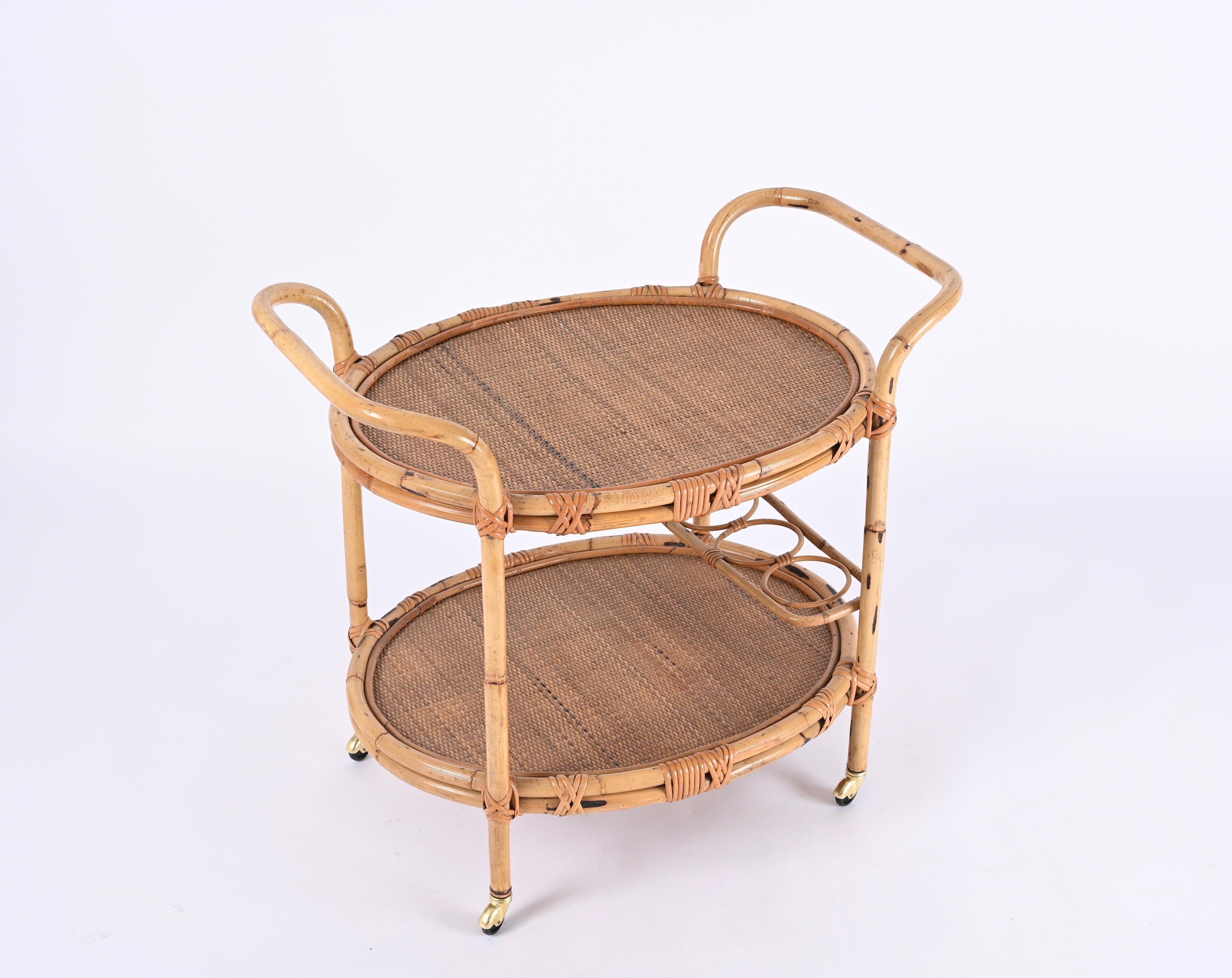 Midcentury Bamboo and Rattan Italian Oval Serving Bar Cart Trolley, 1960s 6