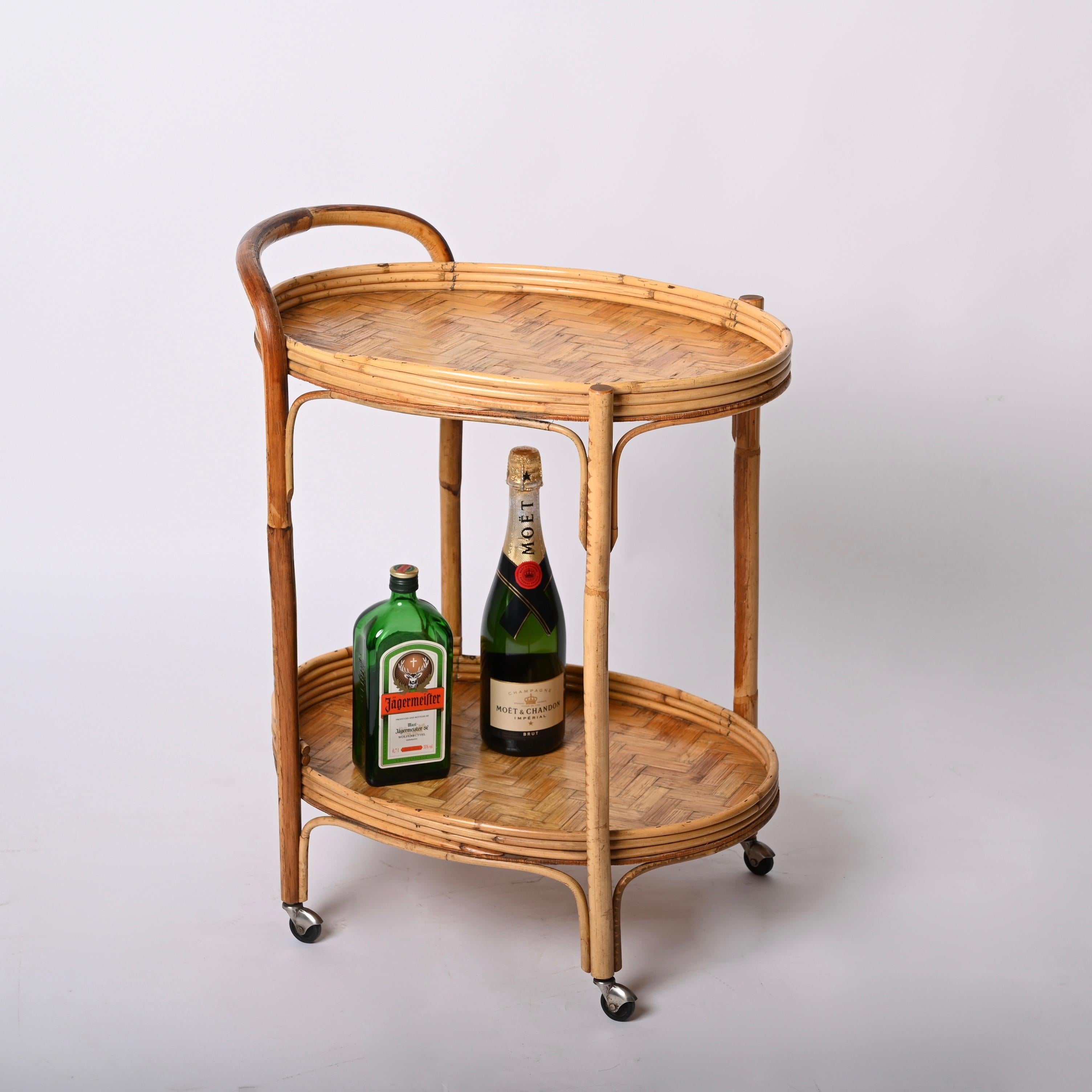Midcentury Bamboo and Rattan Italian Oval Serving Bar Cart Trolley, 1960s 8