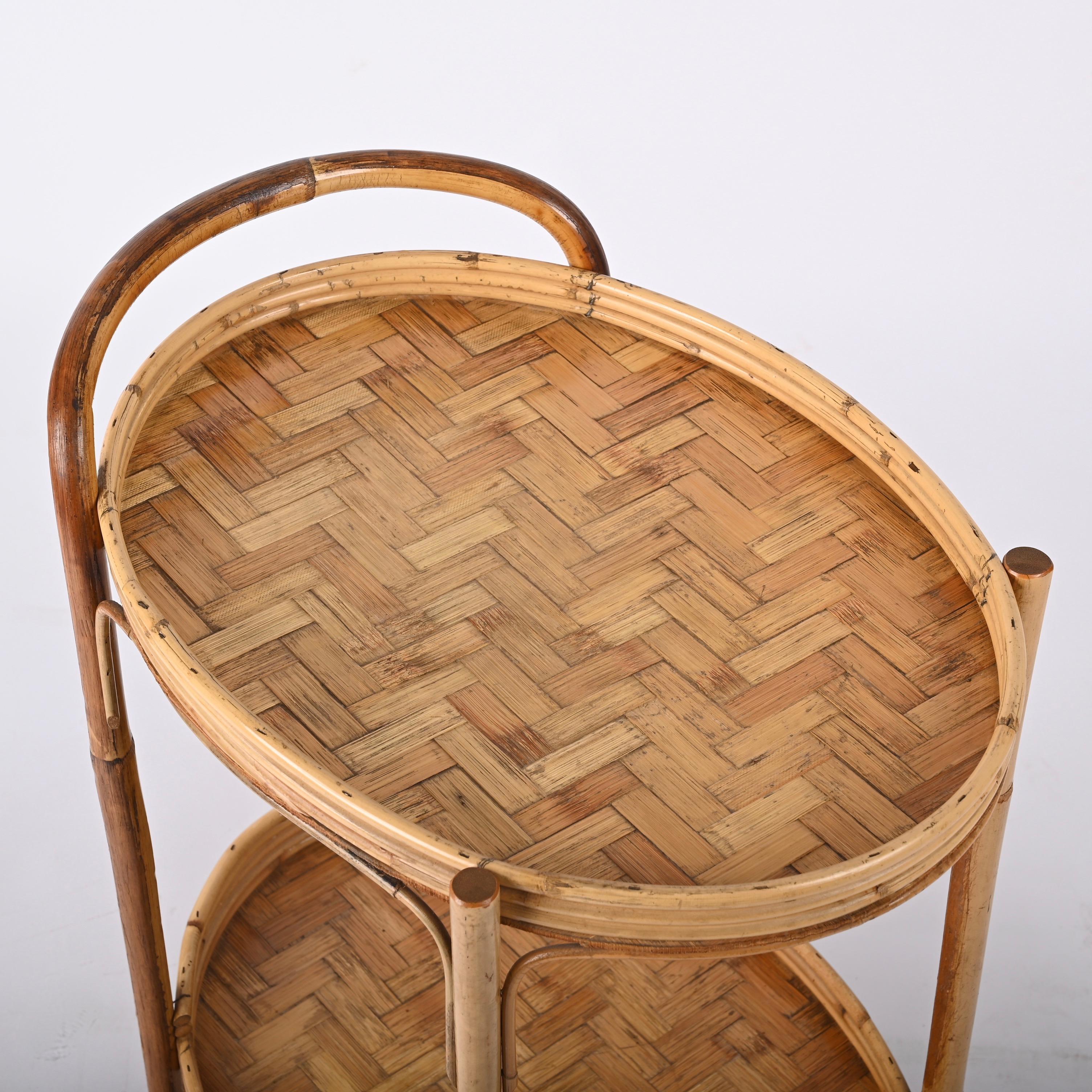 Midcentury Bamboo and Rattan Italian Oval Serving Bar Cart Trolley, 1960s 8