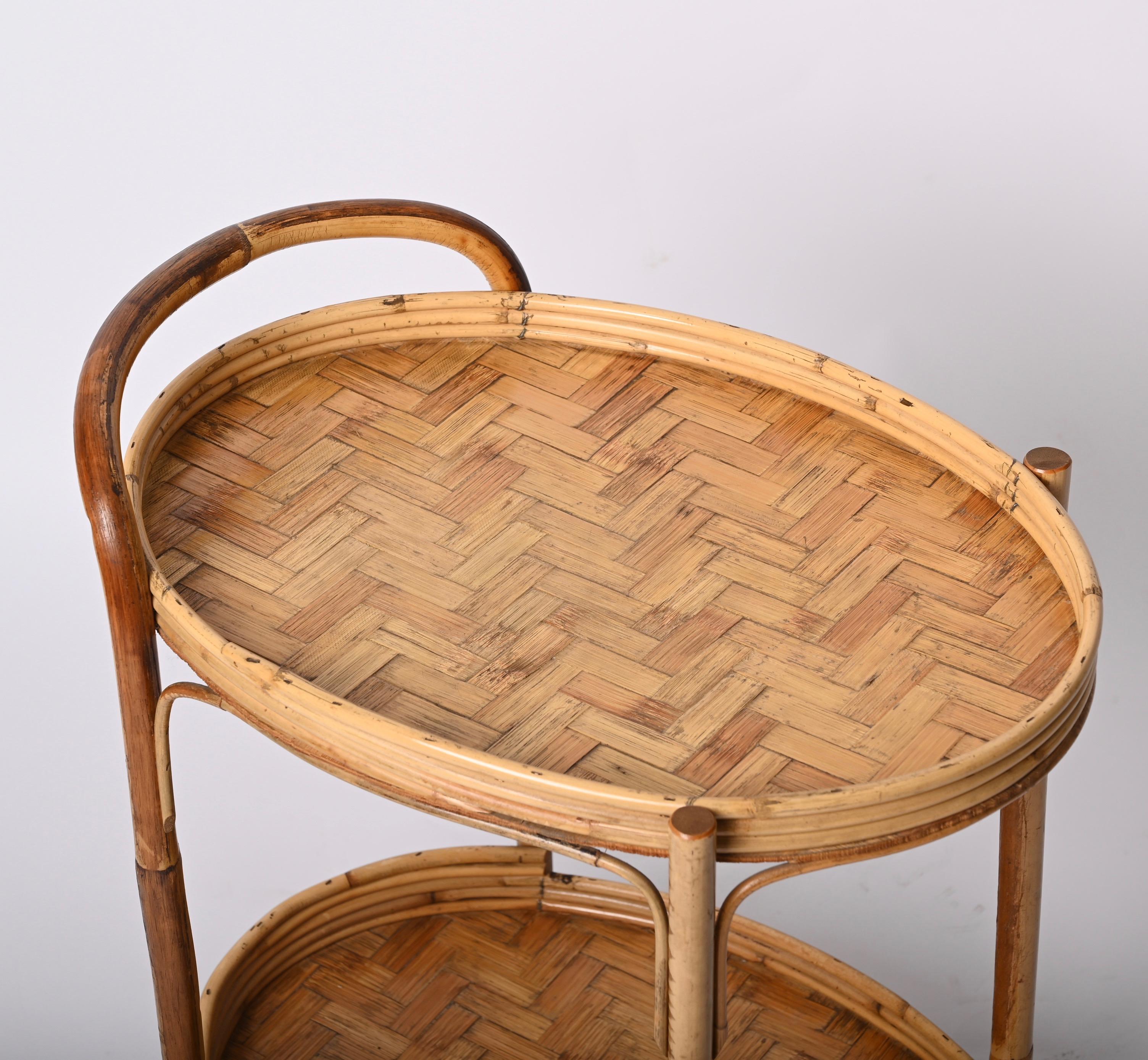 Midcentury Bamboo and Rattan Italian Oval Serving Bar Cart Trolley, 1960s 10