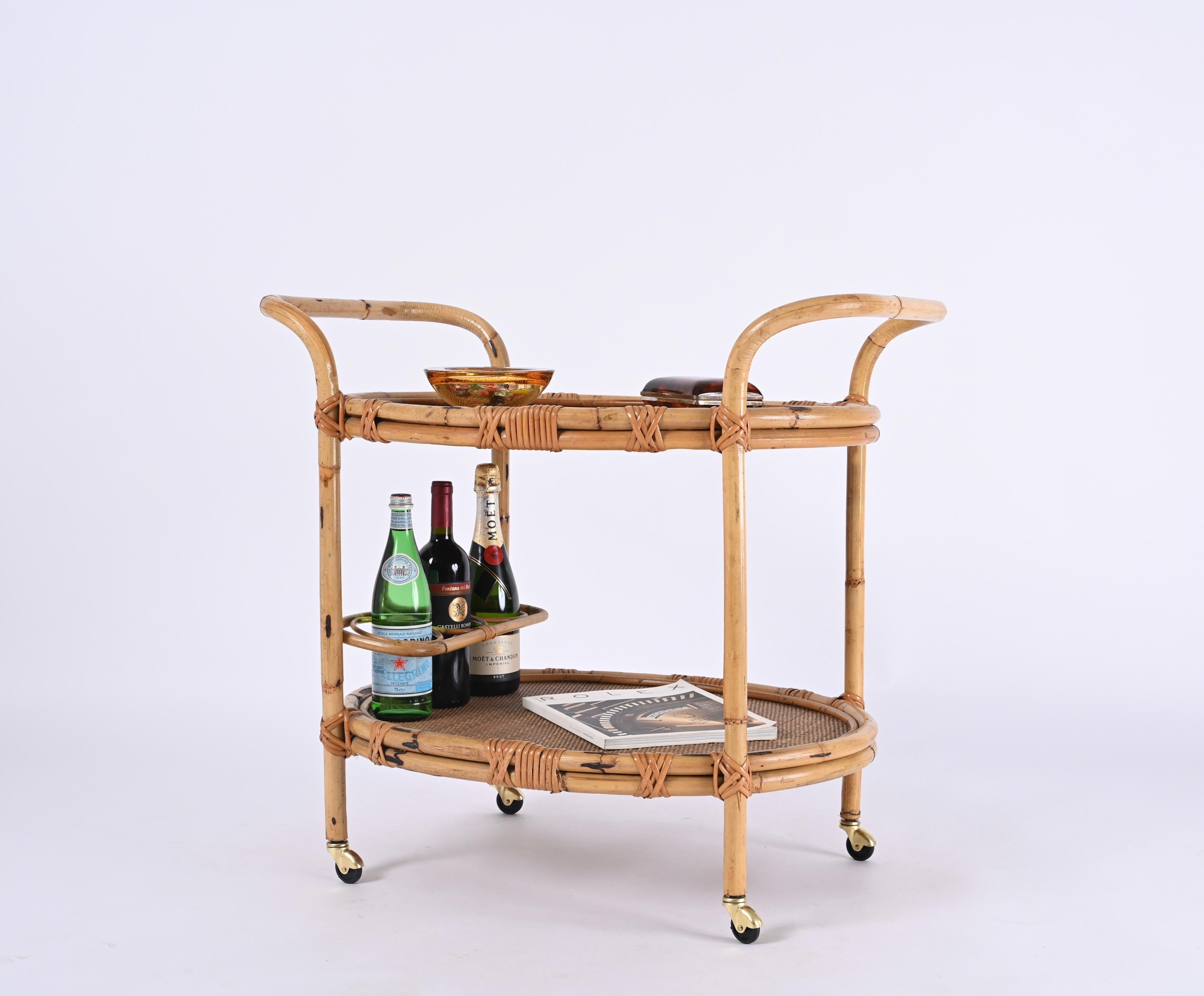 Midcentury Bamboo and Rattan Italian Oval Serving Bar Cart Trolley, 1960s 10