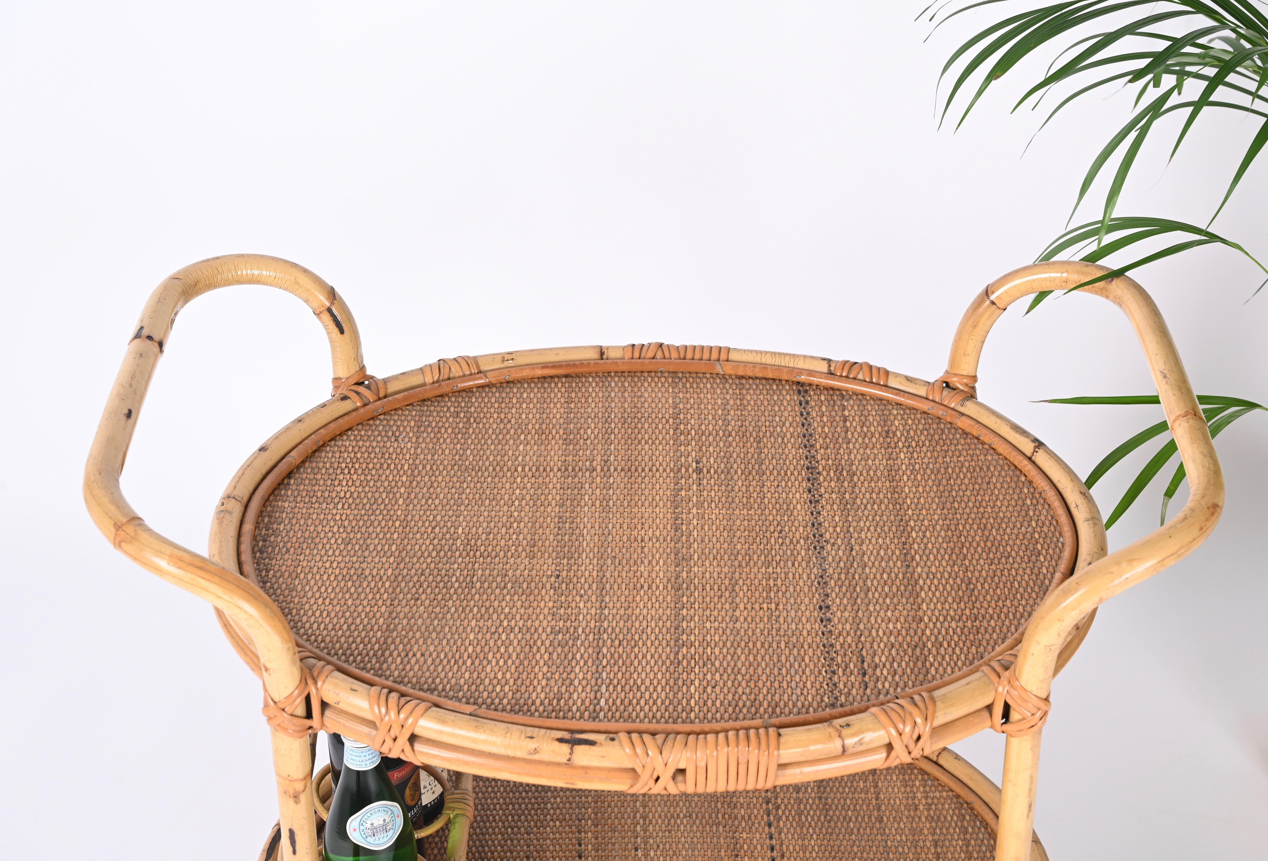 Midcentury Bamboo and Rattan Italian Oval Serving Bar Cart Trolley, 1960s 11