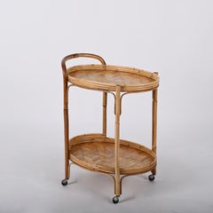 Midcentury Bamboo and Rattan Italian Oval Serving Bar Cart Trolley, 1960s