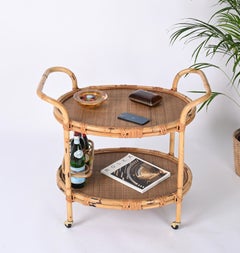 Midcentury Bamboo and Rattan Italian Oval Serving Bar Cart Trolley, 1960s