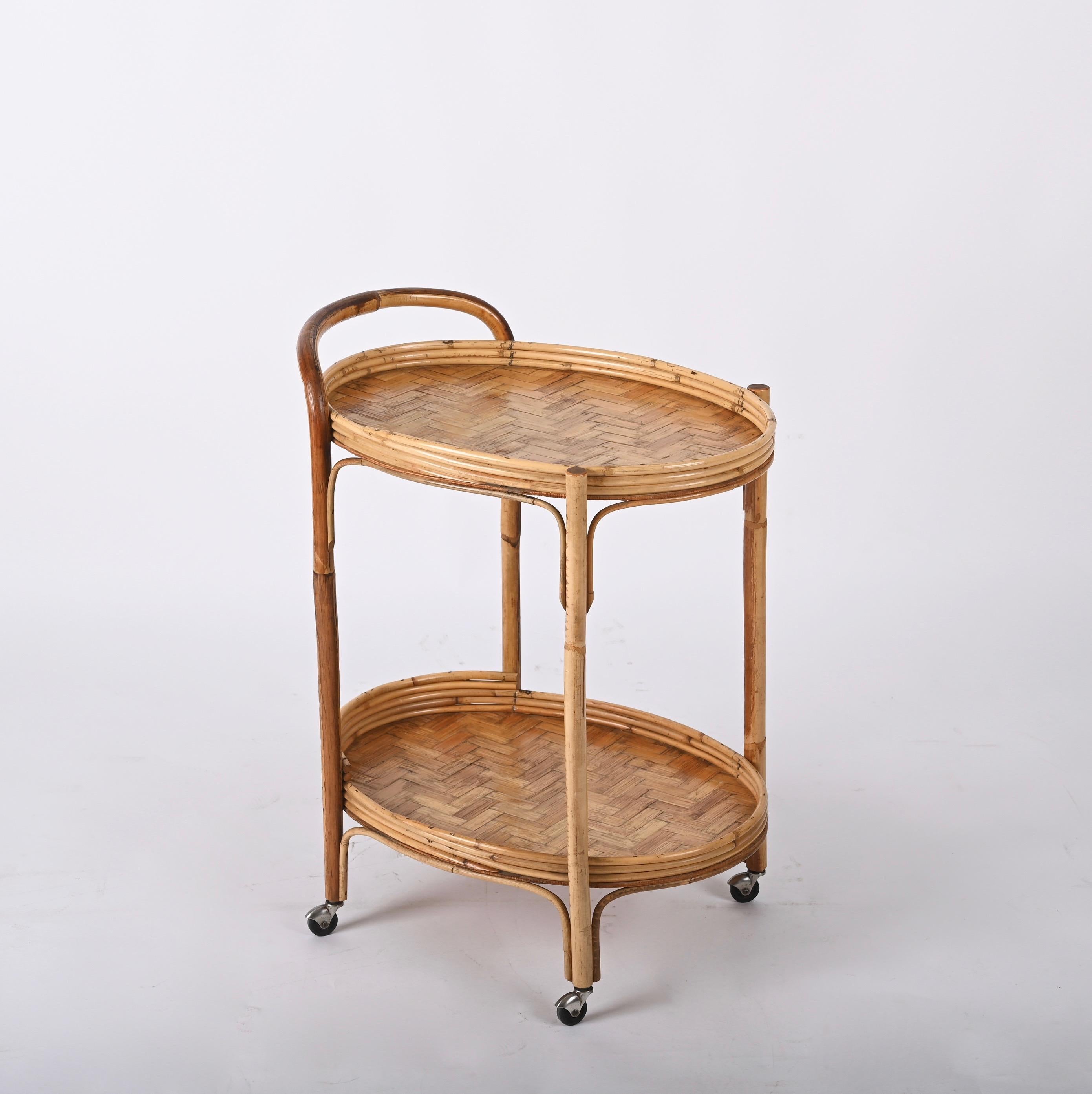 Mid-Century Modern Midcentury Bamboo and Rattan Italian Oval Serving Bar Cart Trolley, 1960s