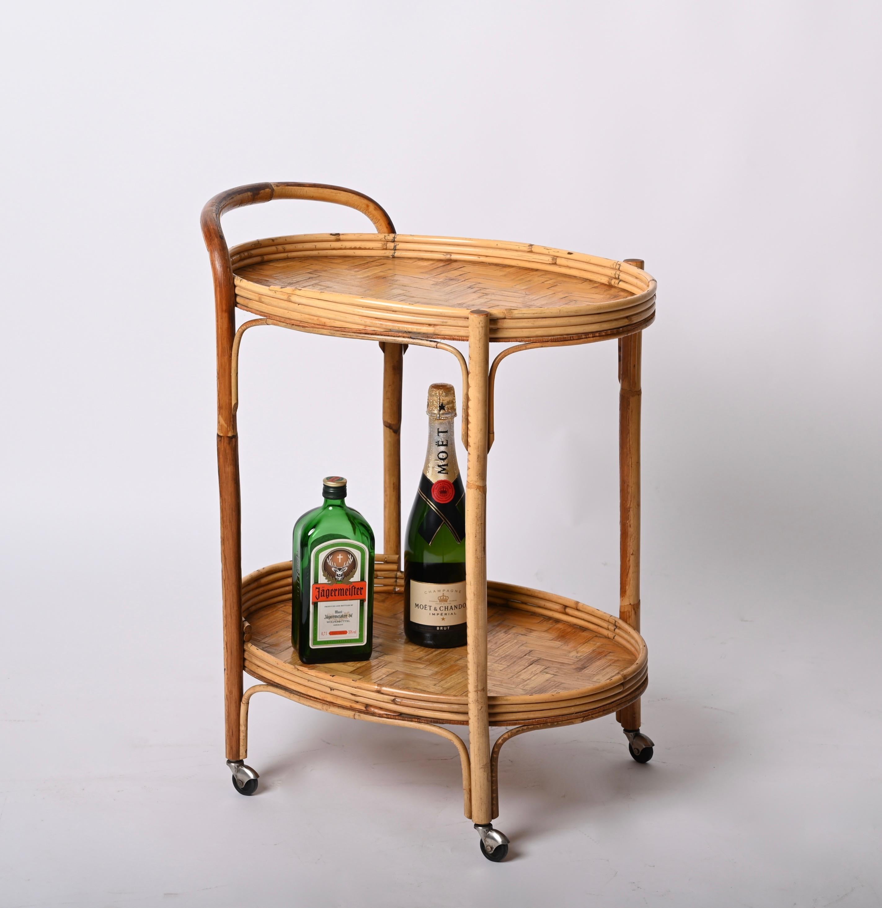 20th Century Midcentury Bamboo and Rattan Italian Oval Serving Bar Cart Trolley, 1960s