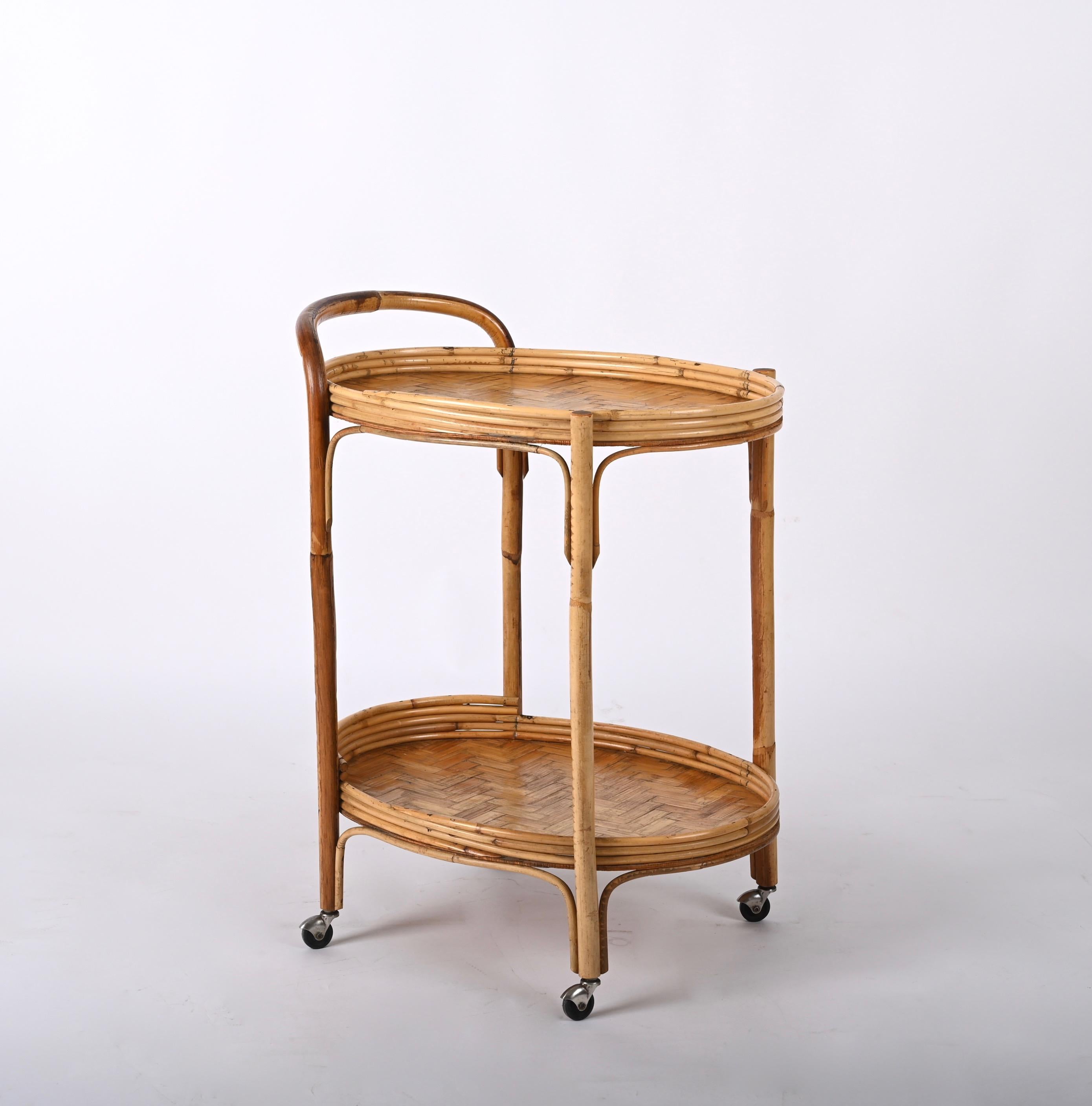 Midcentury Bamboo and Rattan Italian Oval Serving Bar Cart Trolley, 1960s 1