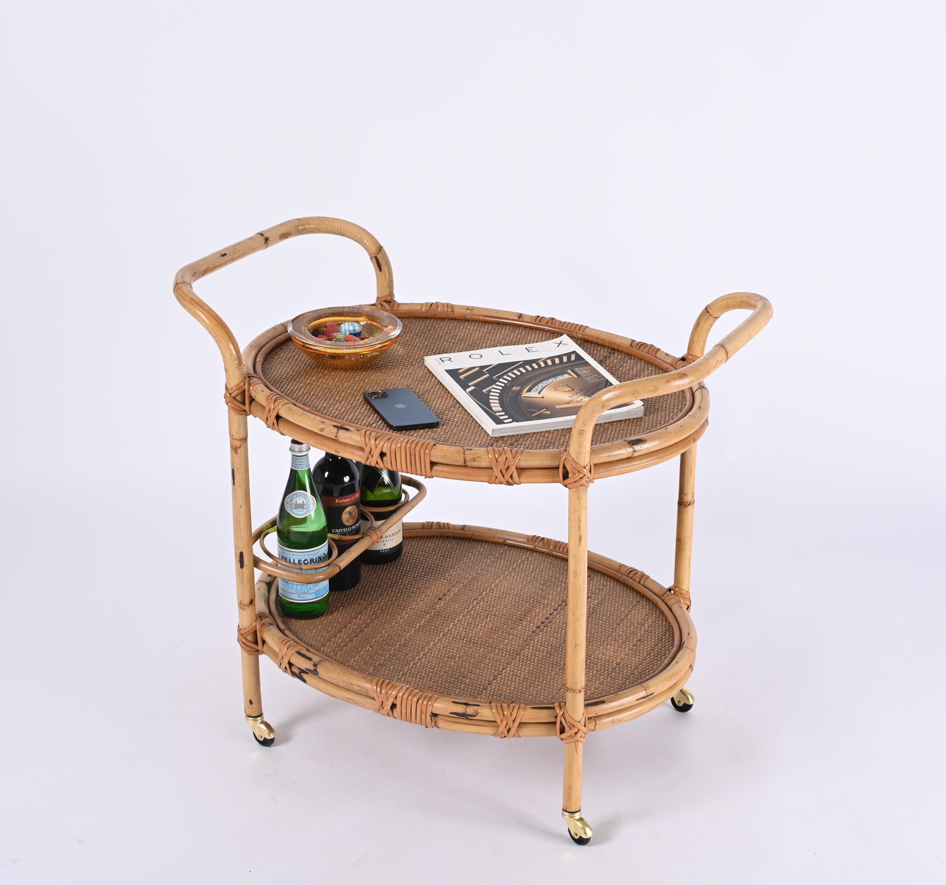 20th Century Midcentury Bamboo and Rattan Italian Oval Serving Bar Cart Trolley, 1960s
