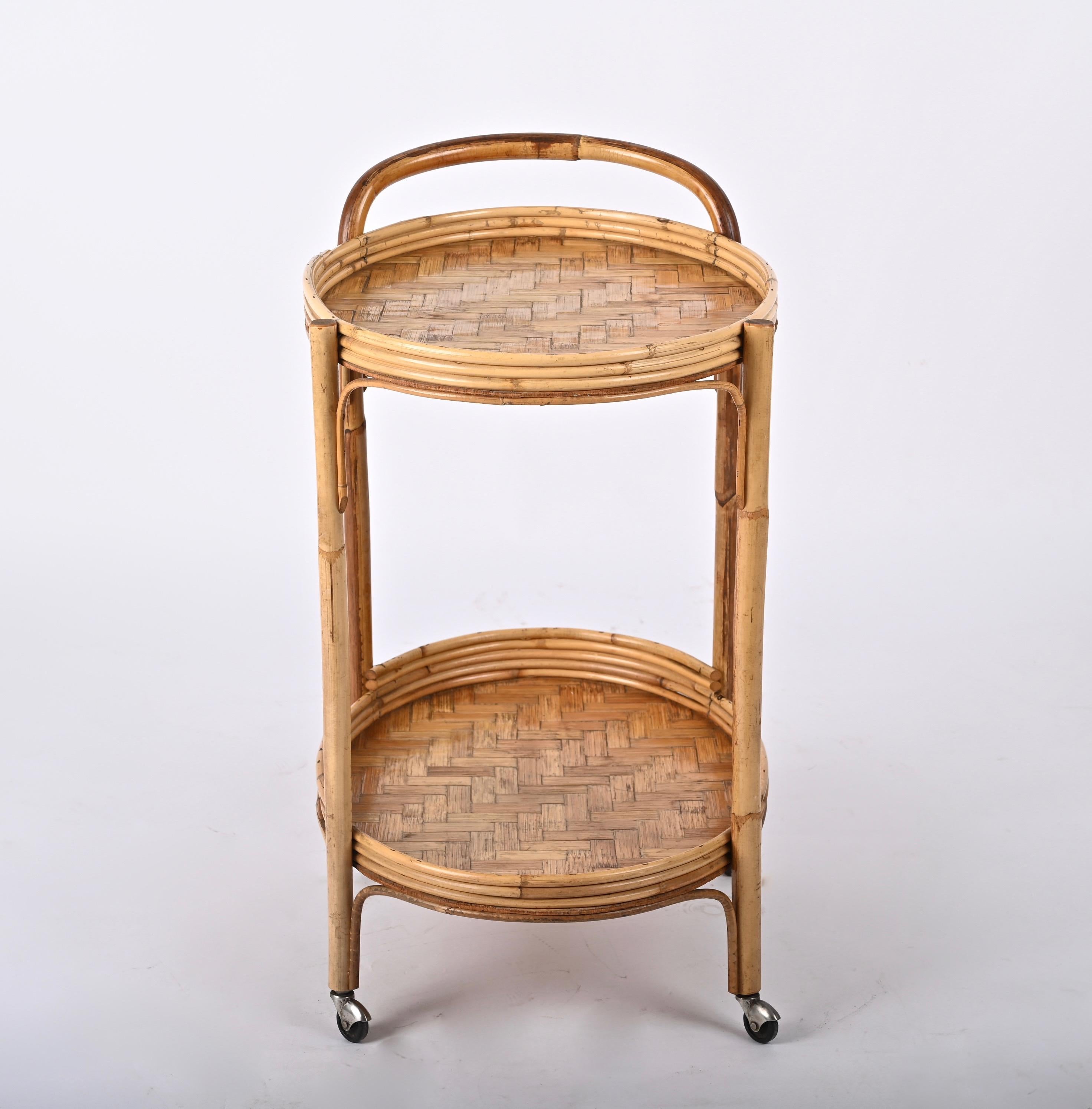 Midcentury Bamboo and Rattan Italian Oval Serving Bar Cart Trolley, 1960s 3