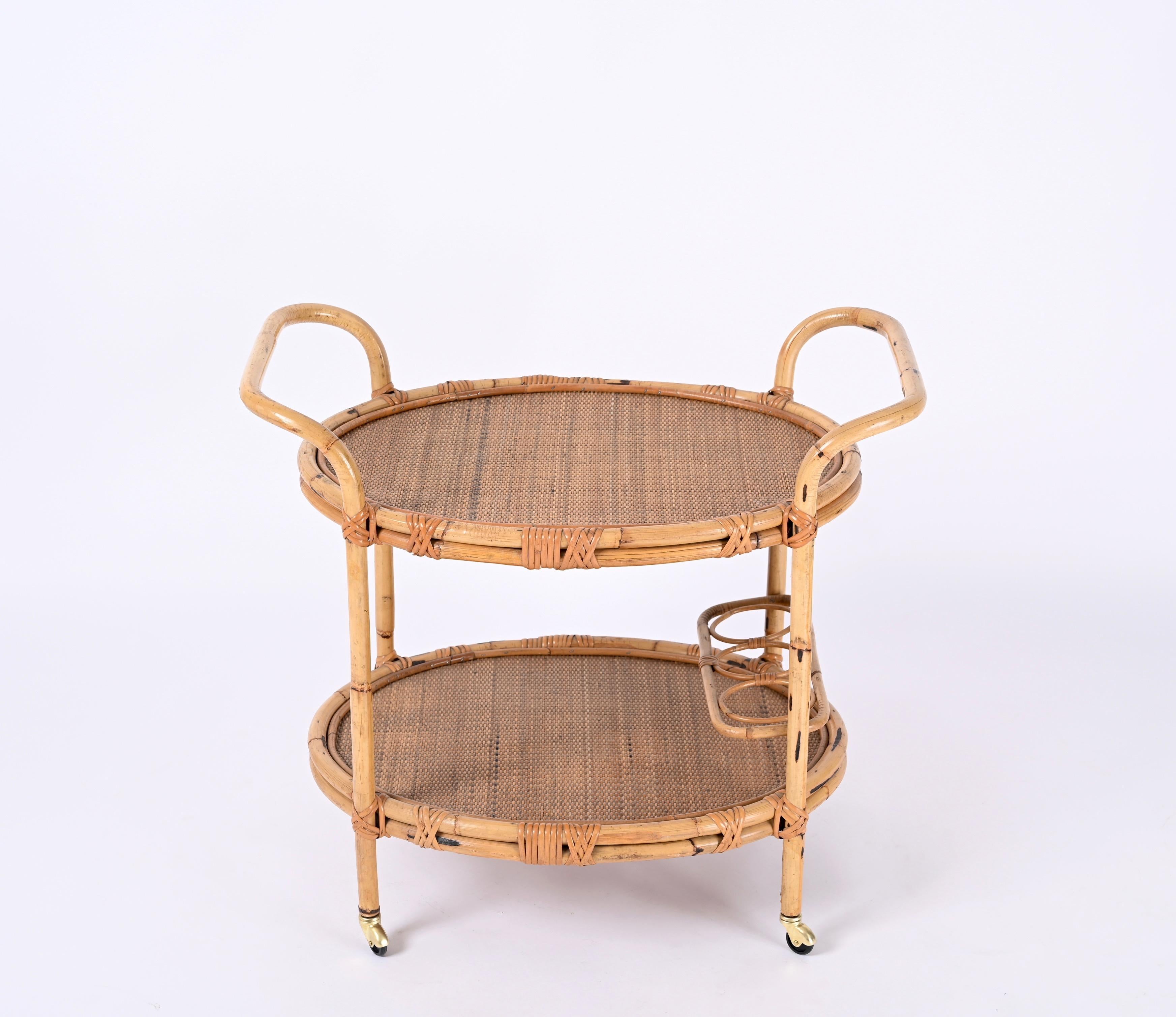 Midcentury Bamboo and Rattan Italian Oval Serving Bar Cart Trolley, 1960s 2