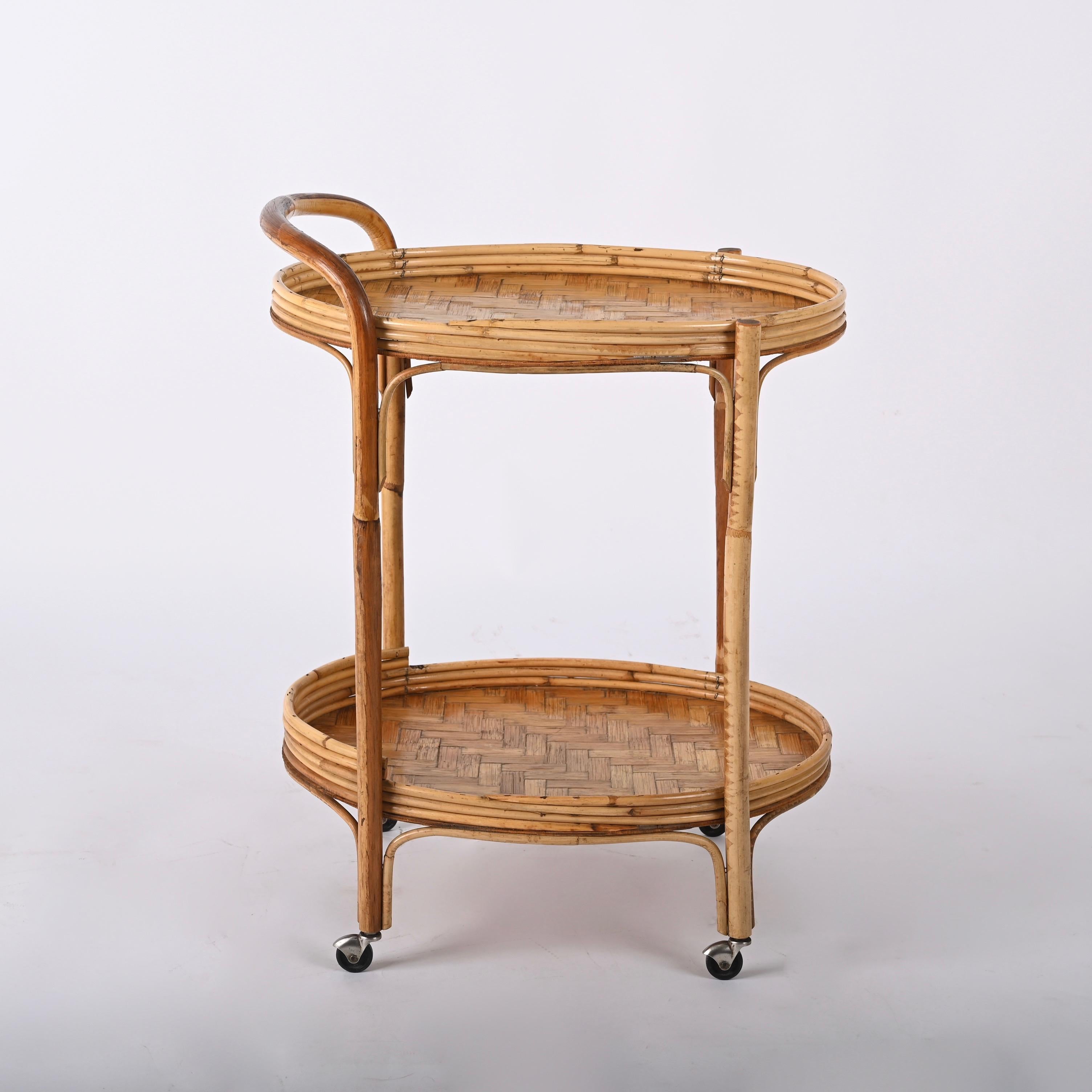 Midcentury Bamboo and Rattan Italian Oval Serving Bar Cart Trolley, 1960s 4