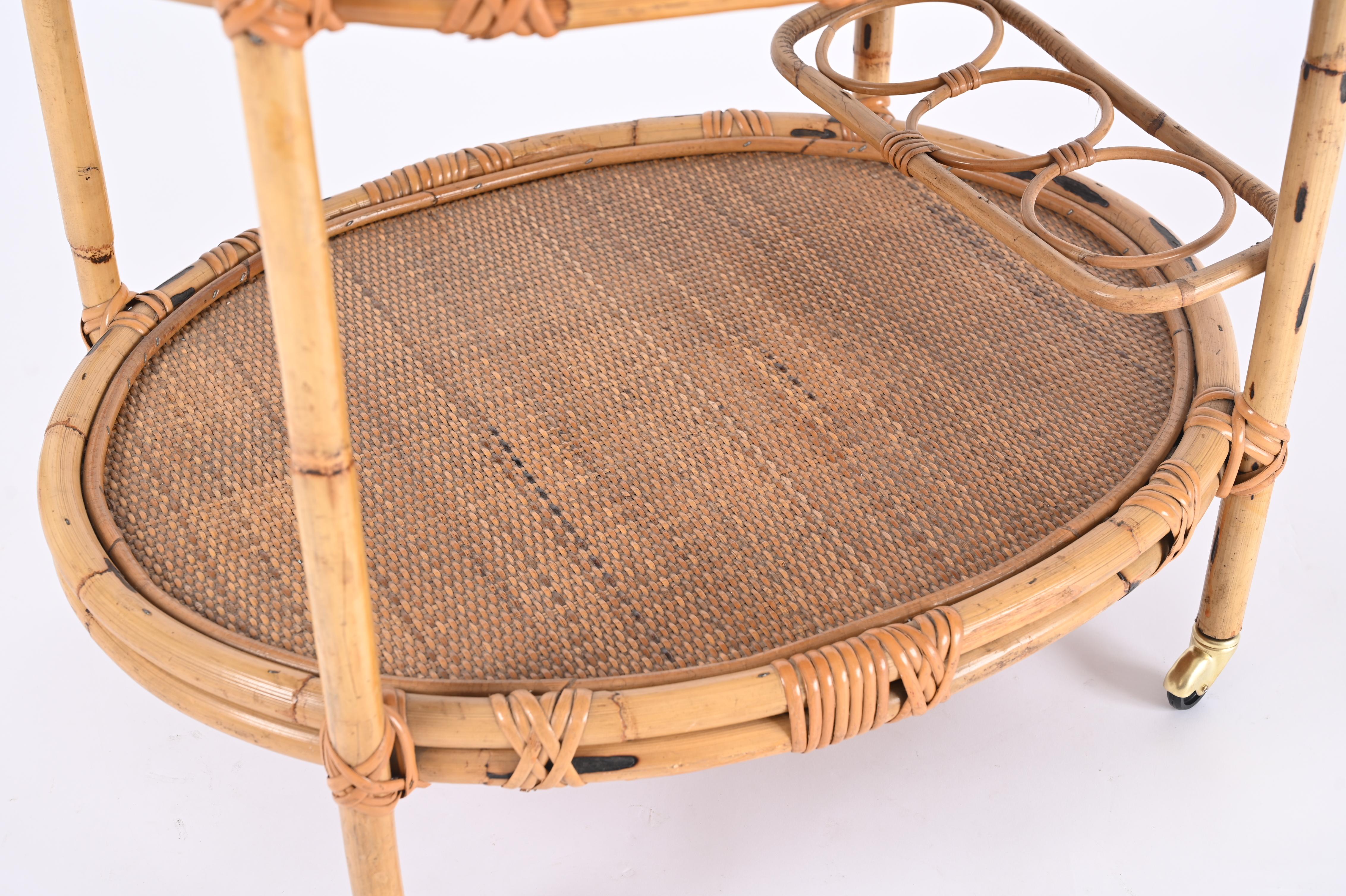 Midcentury Bamboo and Rattan Italian Oval Serving Bar Cart Trolley, 1960s 3