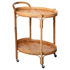 Vintage Midcentury Bamboo and Rattan Italian Oval Serving Bar Cart Trolley, 1960s