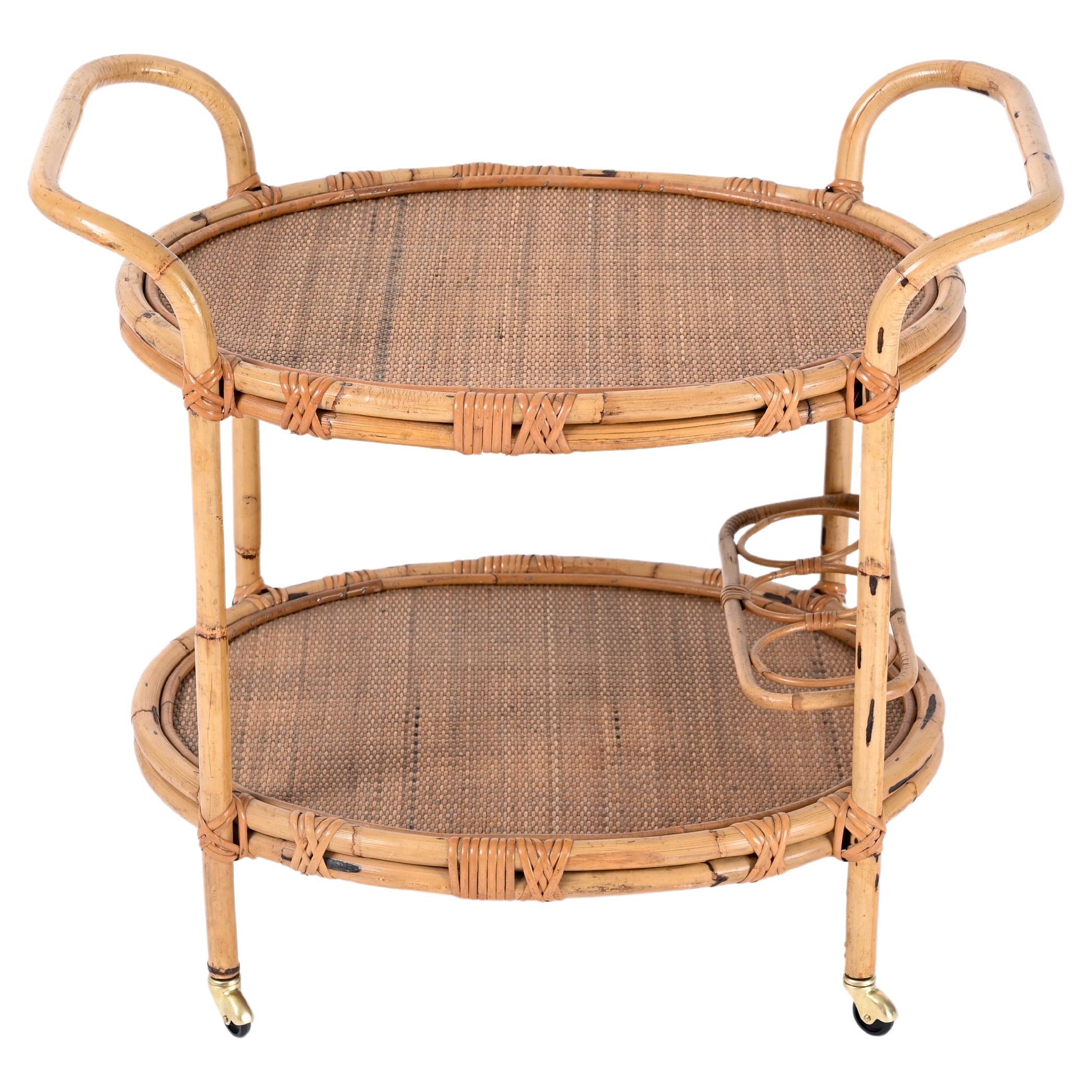 Midcentury Bamboo and Rattan Italian Oval Serving Bar Cart Trolley, 1960s