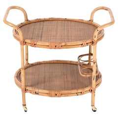 Vintage Midcentury Bamboo and Rattan Italian Oval Serving Bar Cart Trolley, 1960s