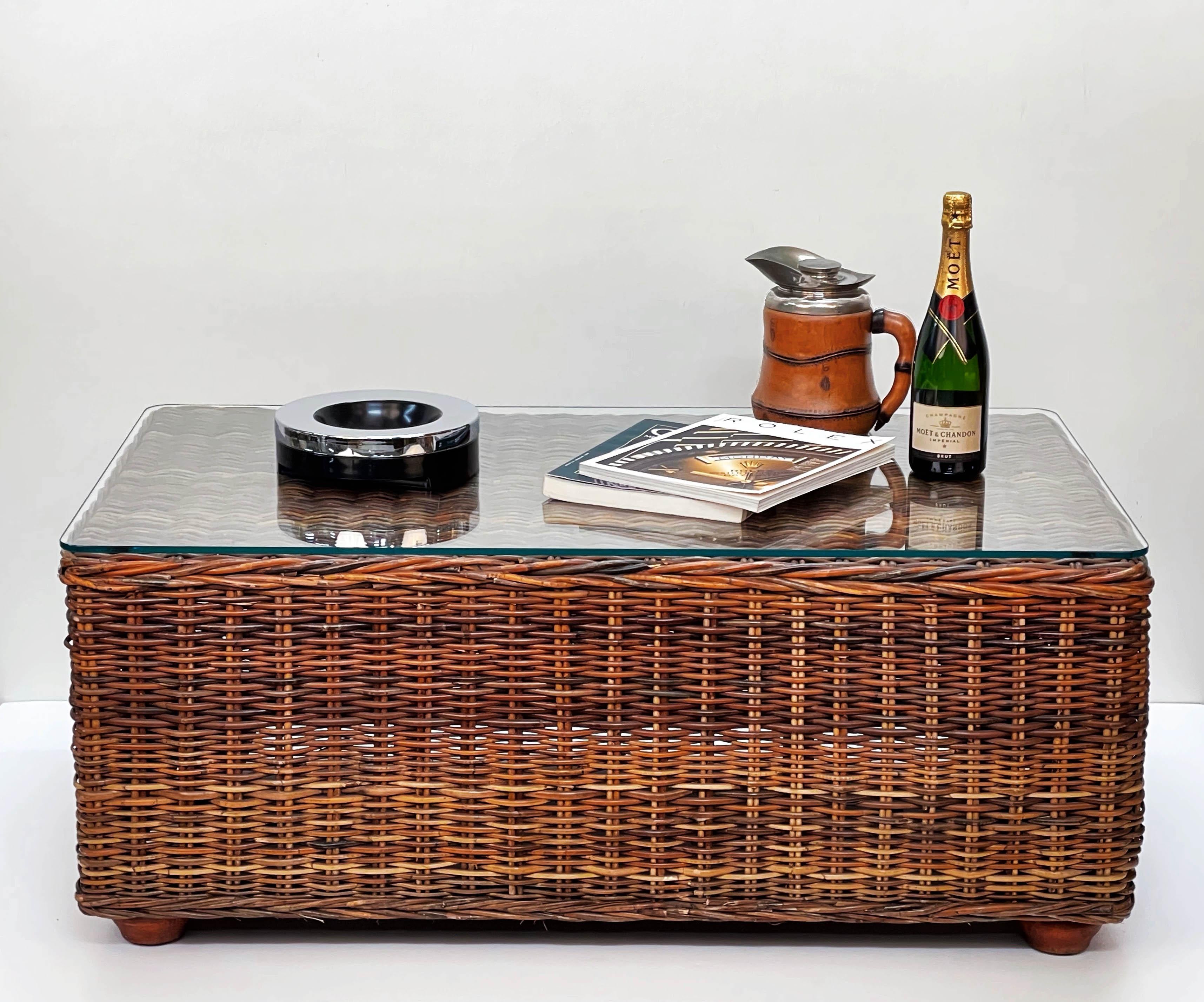 Midcentury Bamboo and Rattan Italian Rectangular Coffee Table, Glass Top, 1970s 6