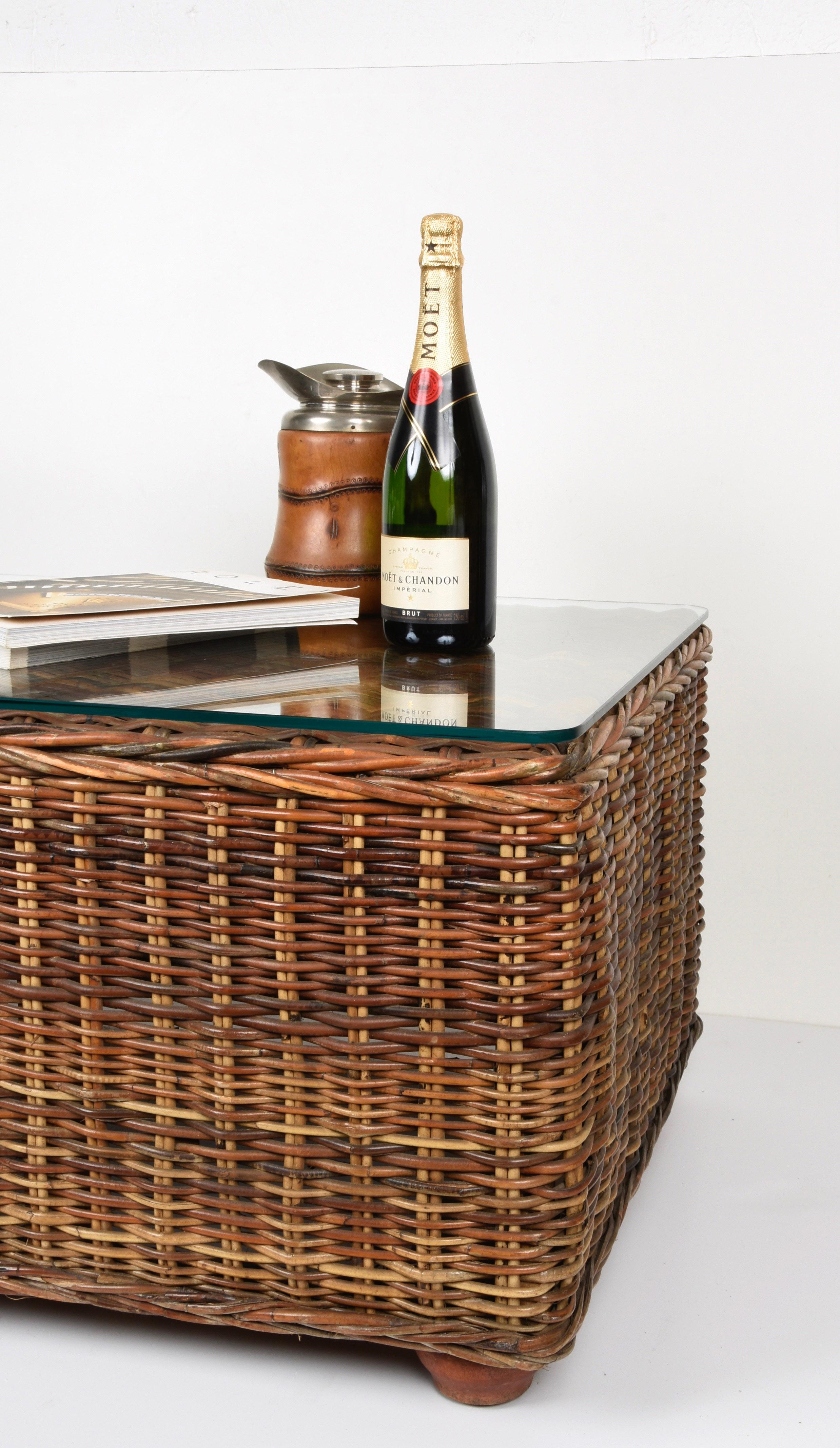 Midcentury Bamboo and Rattan Italian Rectangular Coffee Table, Glass Top, 1970s 7