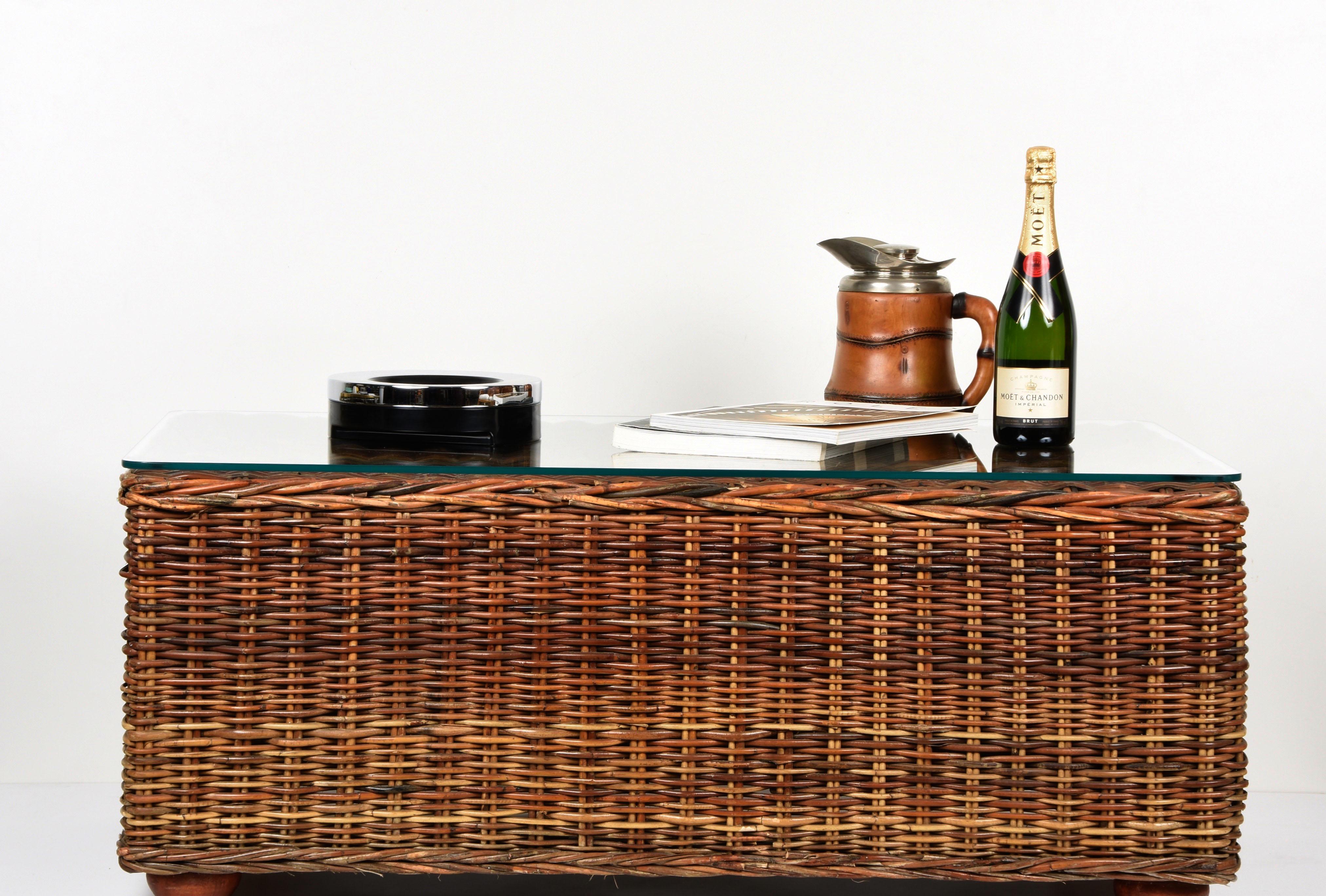 Midcentury Bamboo and Rattan Italian Rectangular Coffee Table, Glass Top, 1970s 9