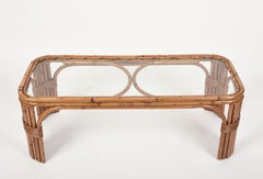 Midcentury Bambus und Rattan Italienischer Rechteckiger Couchtisch mit Glasplatte
