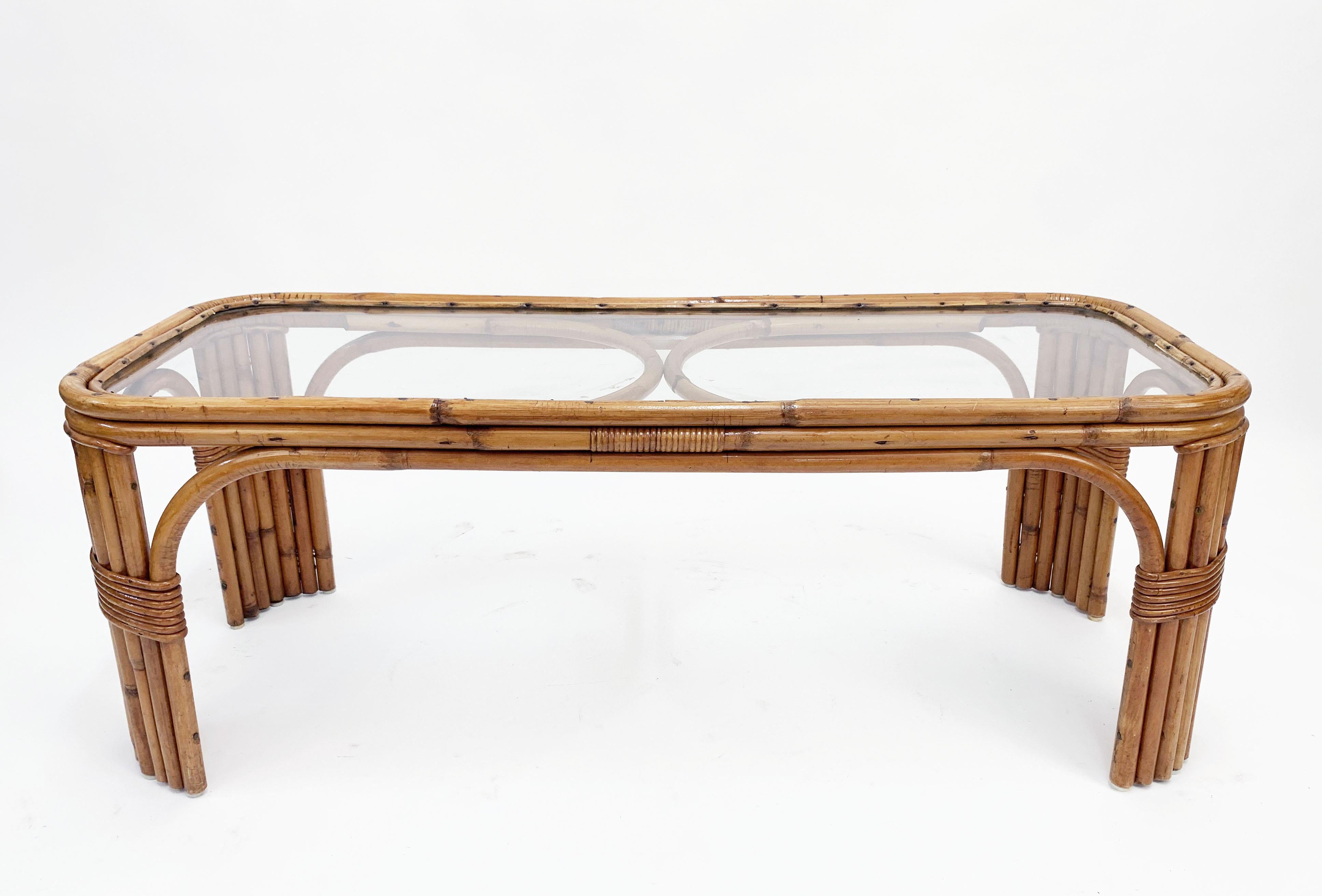 20th Century Midcentury Bamboo and Rattan Italian Rectangular Coffee Table with Glass Top