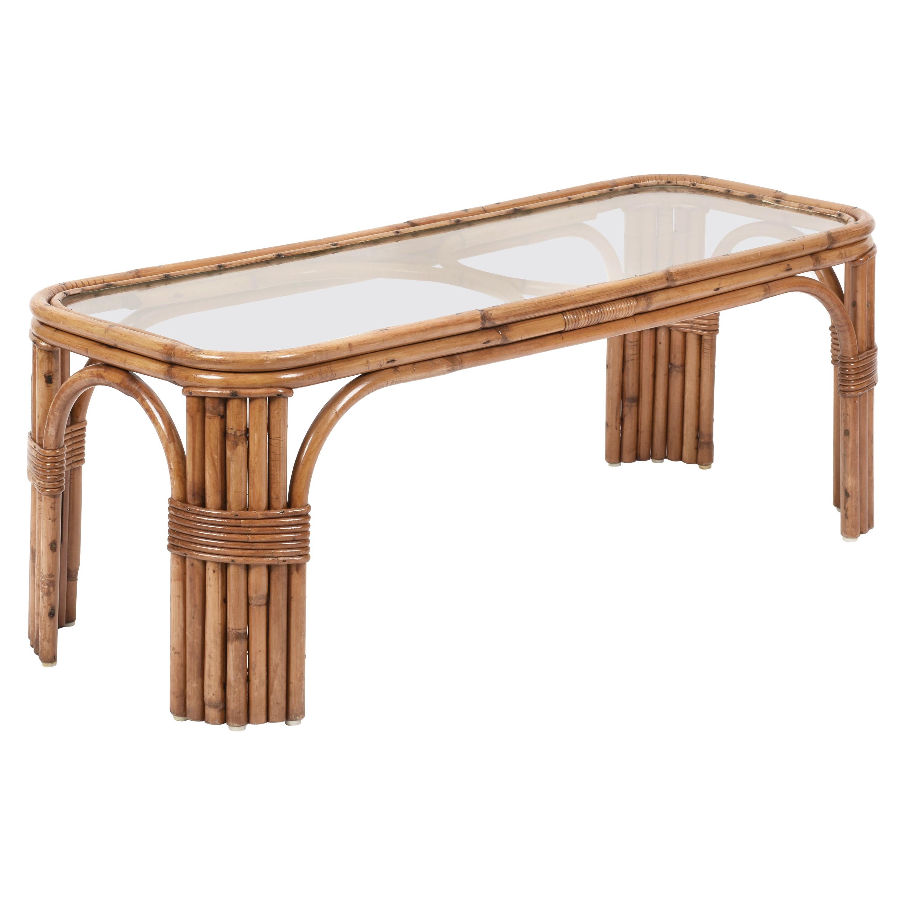 Midcentury Bamboo and Rattan Italian Rectangular Coffee Table with Glass Top