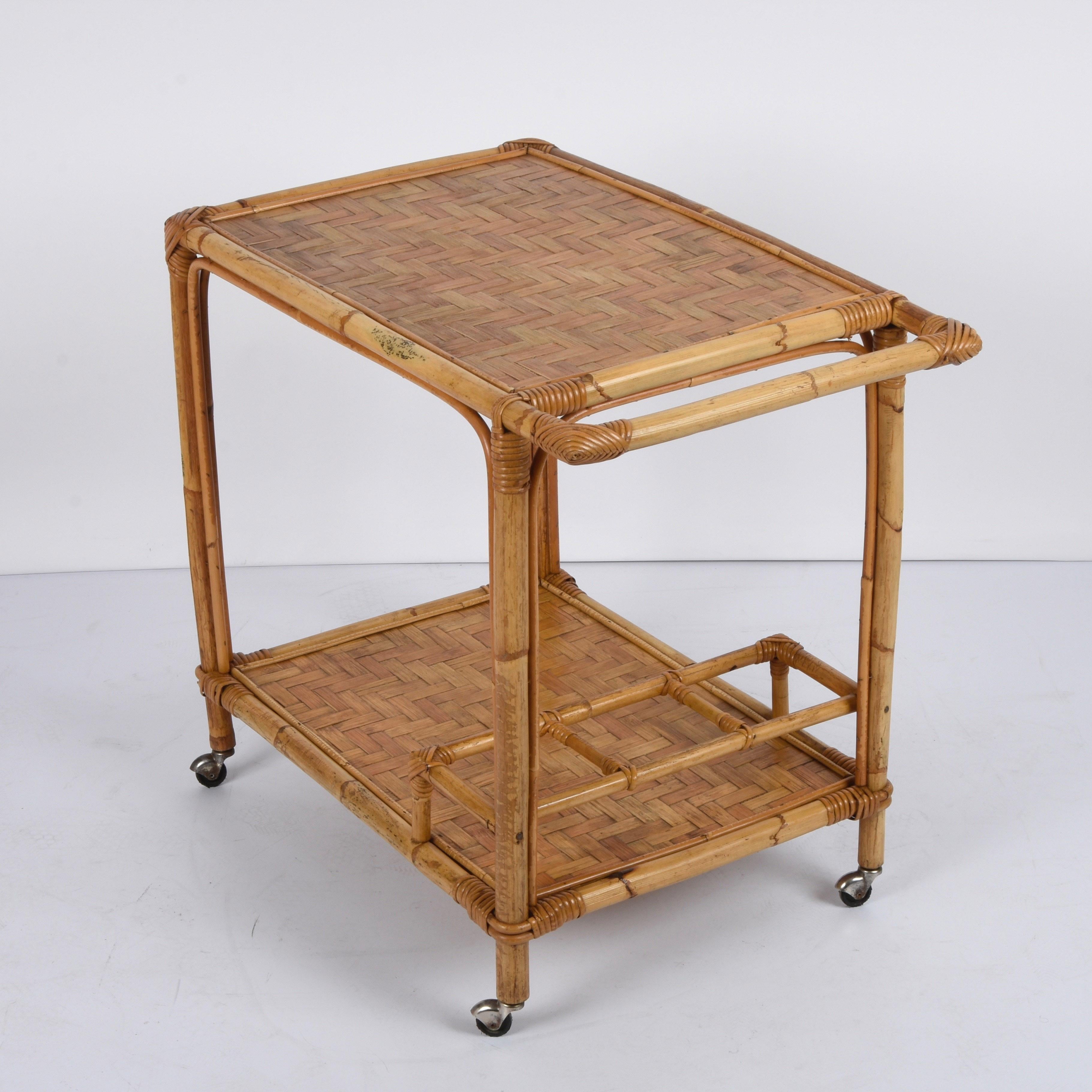 Midcentury Bamboo and Rattan Italian Rectangular Serving Bar Cart Trolley, 1960s 3