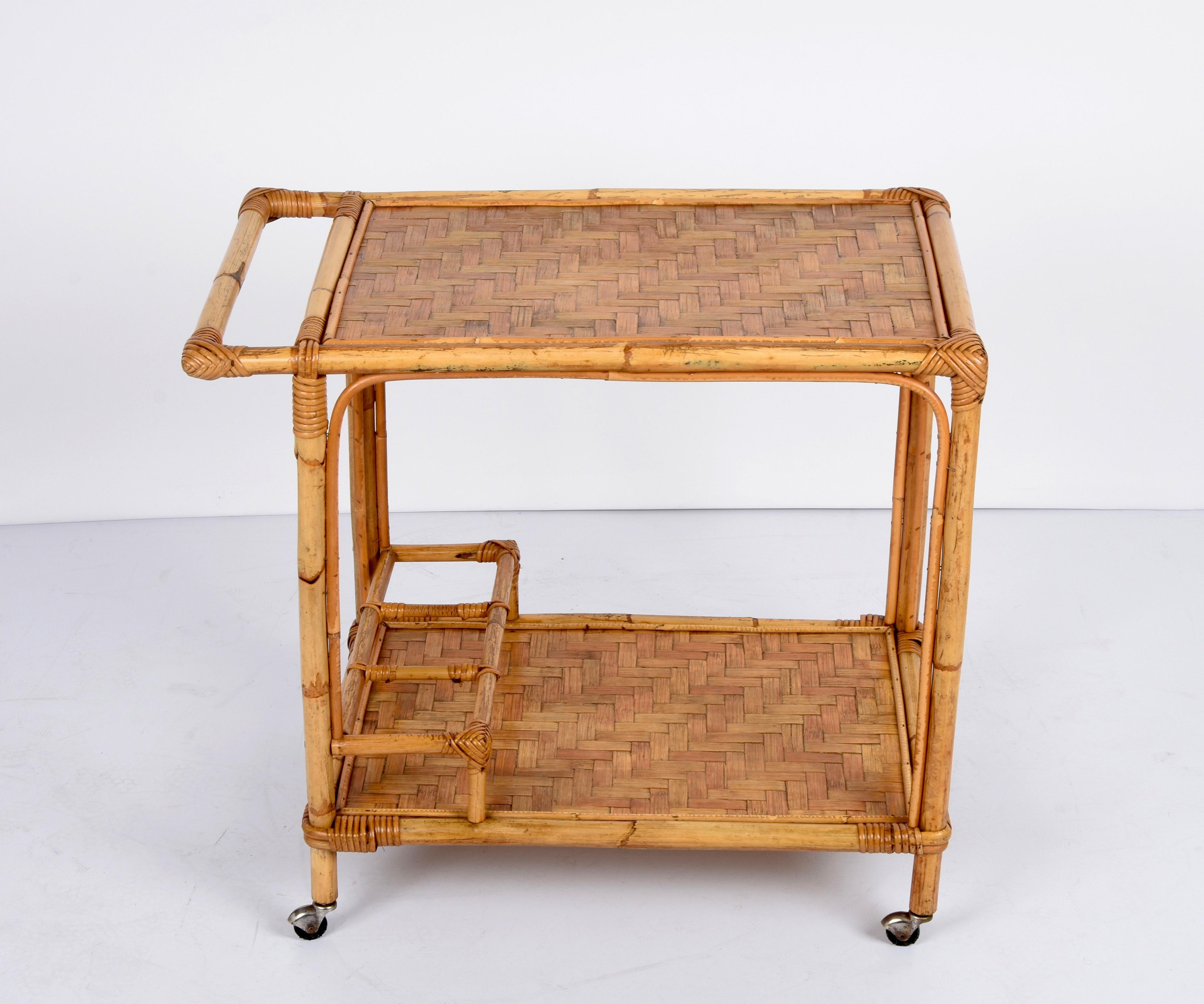 Midcentury Bamboo and Rattan Italian Rectangular Serving Bar Cart Trolley, 1960s 4