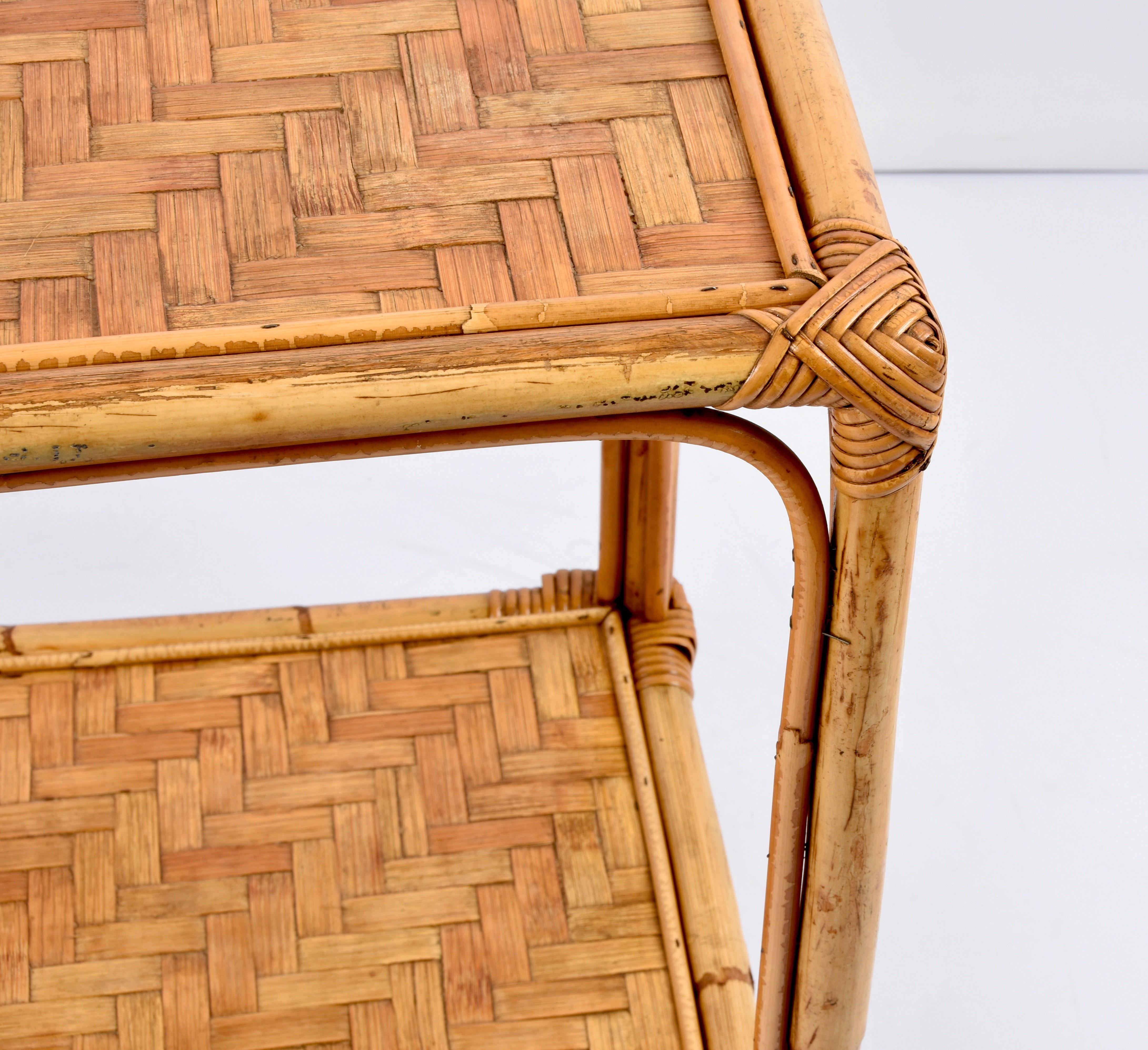 Midcentury Bamboo and Rattan Italian Rectangular Serving Bar Cart Trolley, 1960s 8