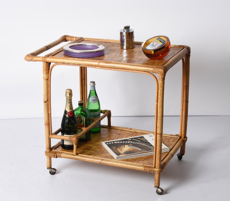 Midcentury Bamboo and Rattan Italian Rectangular Serving Bar Cart Trolley, 1960s For Sale 3