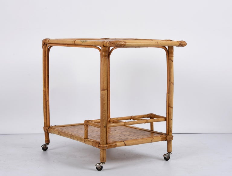 Midcentury Bamboo and Rattan Italian Rectangular Serving Bar Cart Trolley, 1960s For Sale 4