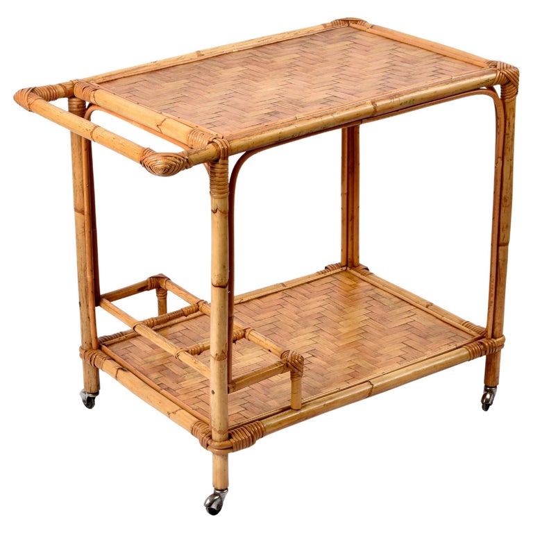 Midcentury Bamboo and Rattan Italian Rectangular Serving Bar Cart Trolley, 1960s For Sale